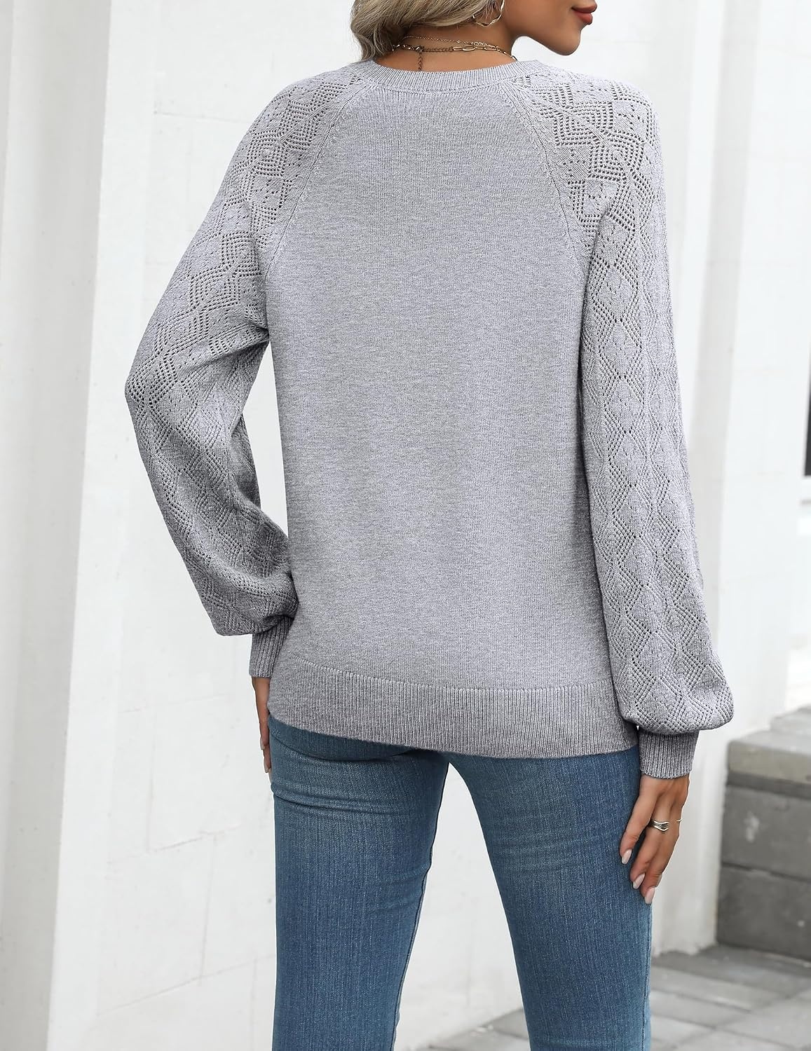image:imageZeagoo Womens 2026 Fall Sweaters Casual Long Sleeve V Neck Loose Lightweight Crochet Knit Pullover Sweater TopsBowknot Grey