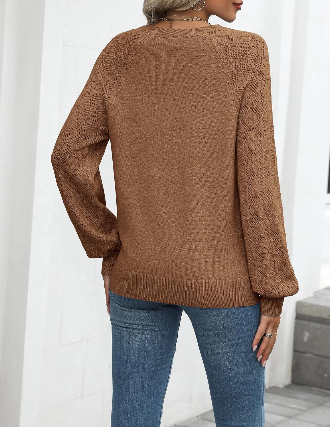 image:imageZeagoo Womens 2026 Fall Sweaters Casual Long Sleeve V Neck Loose Lightweight Crochet Knit Pullover Sweater TopsCoffee