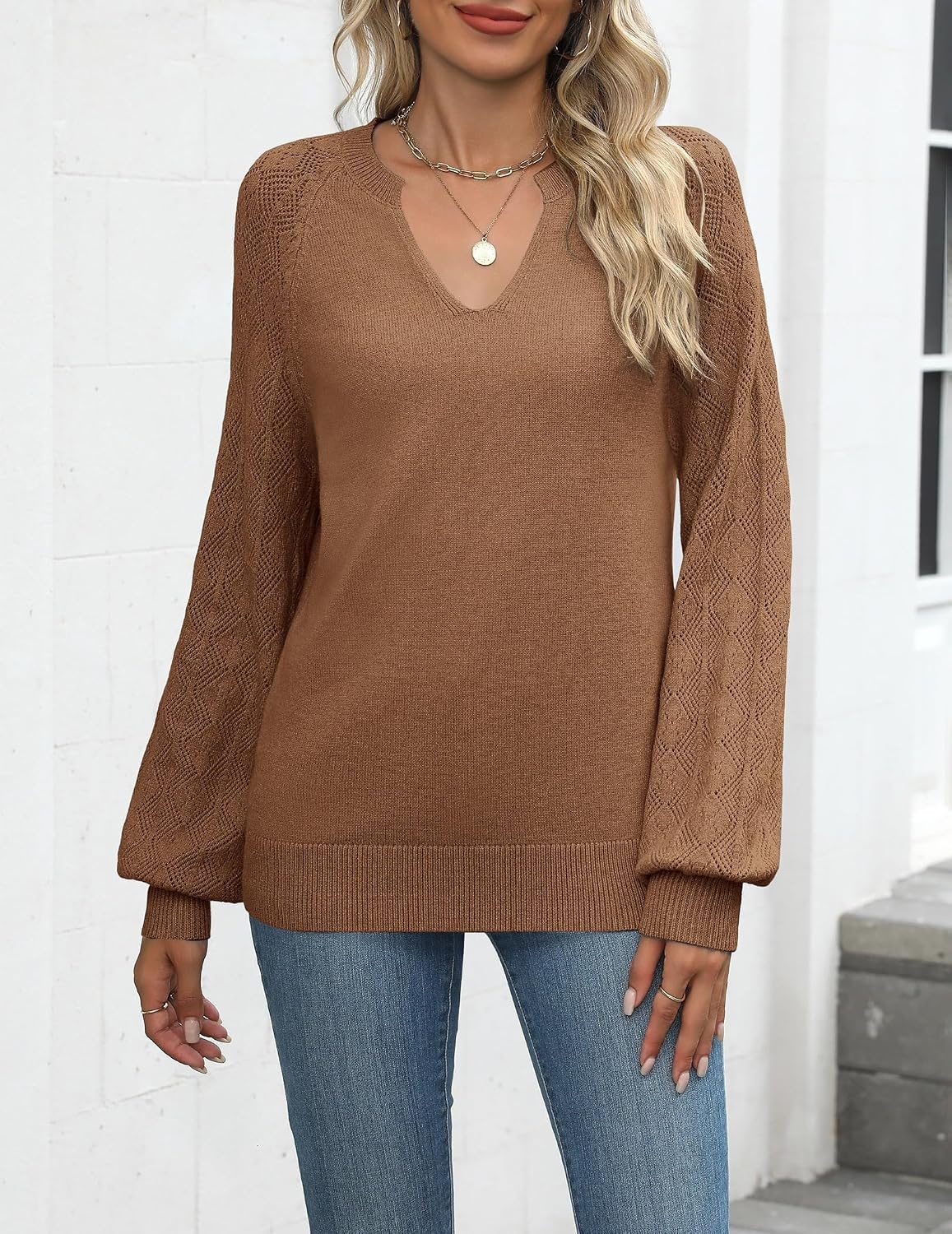 image:imageZeagoo Womens 2026 Fall Sweaters Casual Long Sleeve V Neck Loose Lightweight Crochet Knit Pullover Sweater TopsCoffee