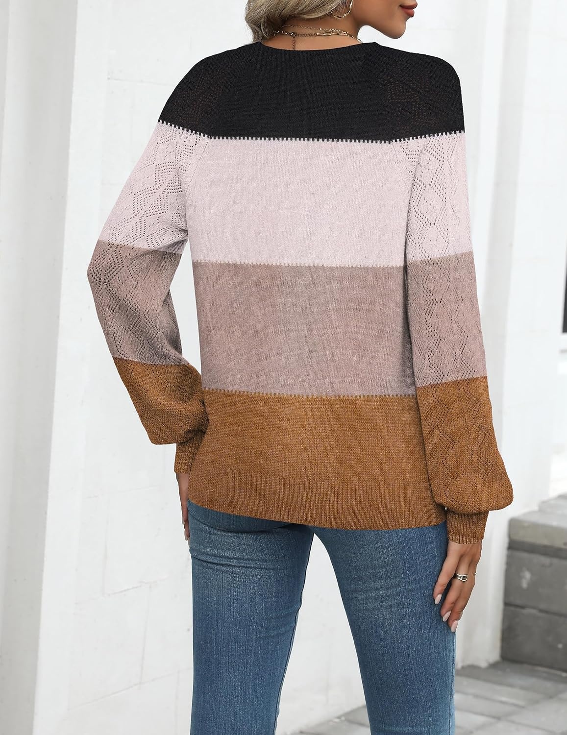image:imageZeagoo Womens 2026 Fall Sweaters Casual Long Sleeve V Neck Loose Lightweight Crochet Knit Pullover Sweater TopsColorblock Tw638