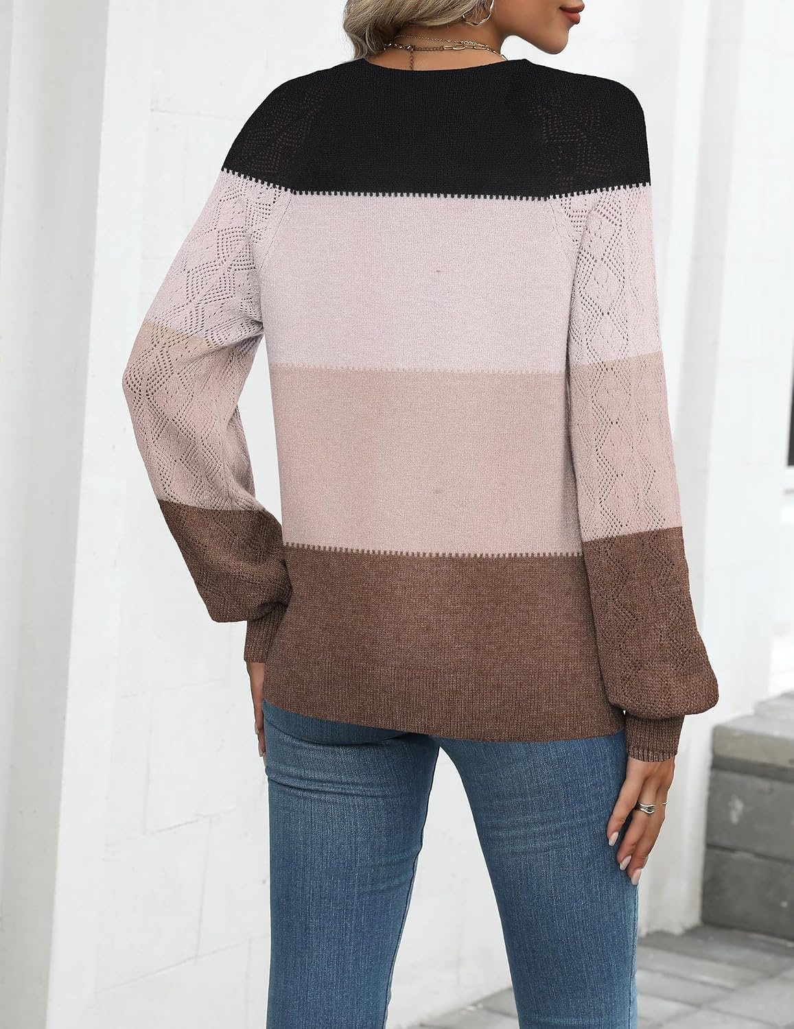 image:imageZeagoo Womens 2026 Fall Sweaters Casual Long Sleeve V Neck Loose Lightweight Crochet Knit Pullover Sweater TopsColorblock Tz191