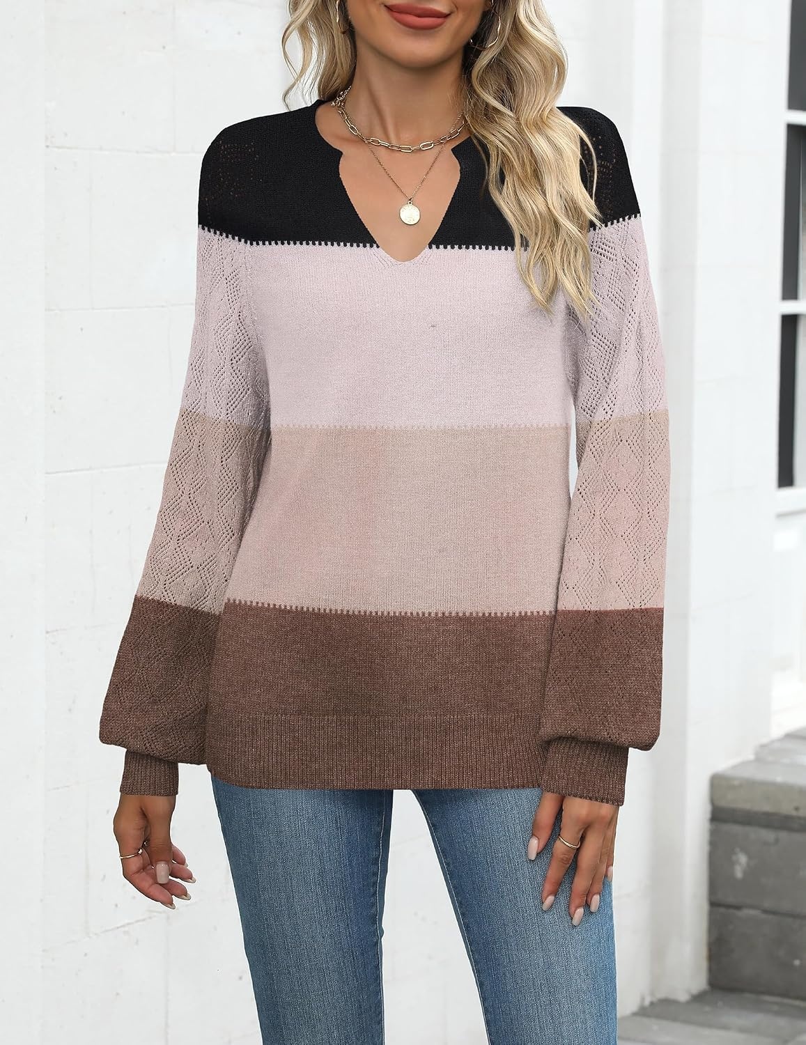 image:imageZeagoo Womens 2026 Fall Sweaters Casual Long Sleeve V Neck Loose Lightweight Crochet Knit Pullover Sweater TopsColorblock Tz191