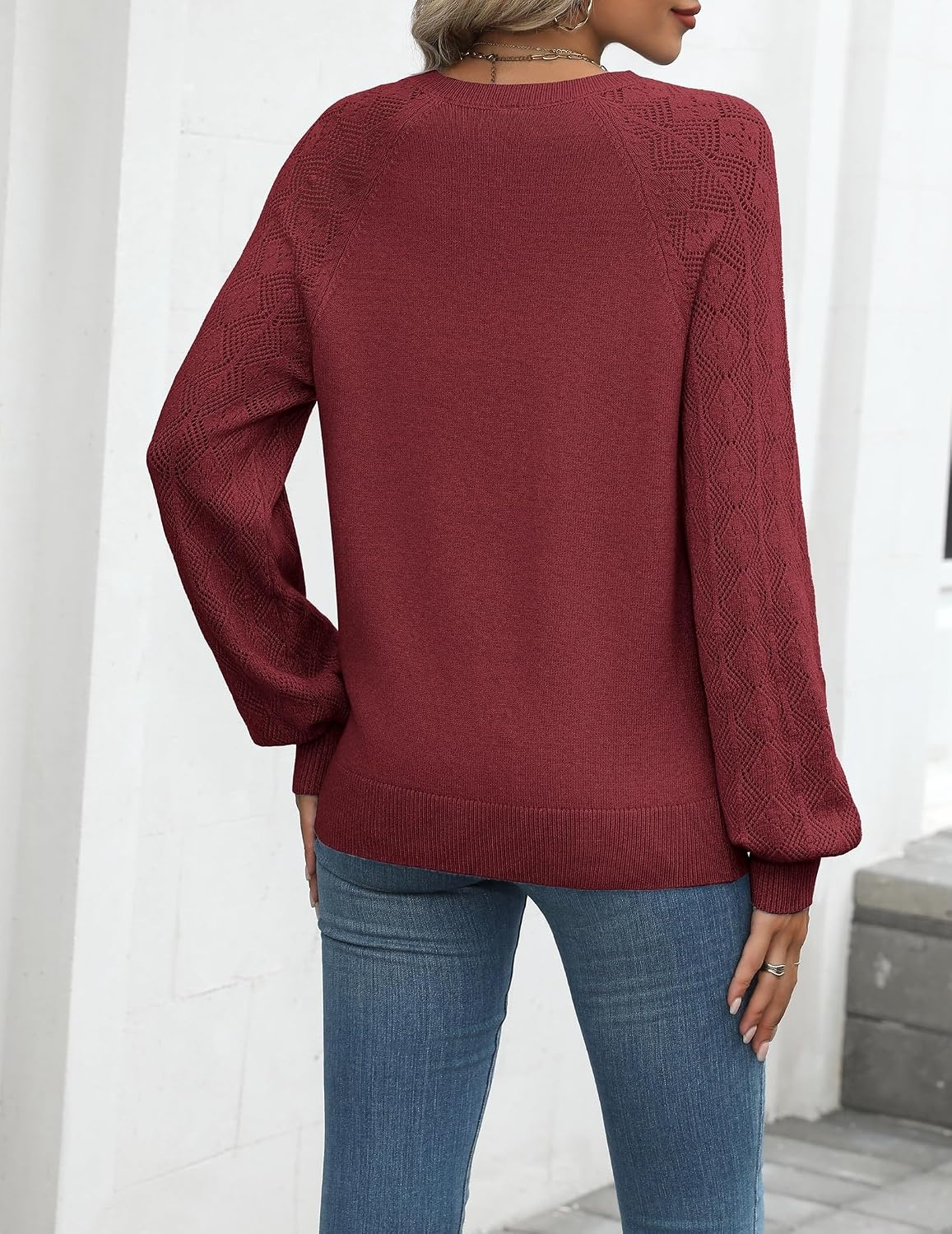 image:imageZeagoo Womens 2026 Fall Sweaters Casual Long Sleeve V Neck Loose Lightweight Crochet Knit Pullover Sweater TopsWine Red