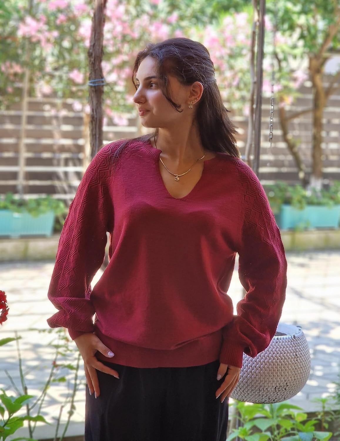 image:imageZeagoo Womens 2026 Fall Sweaters Casual Long Sleeve V Neck Loose Lightweight Crochet Knit Pullover Sweater TopsWine Red