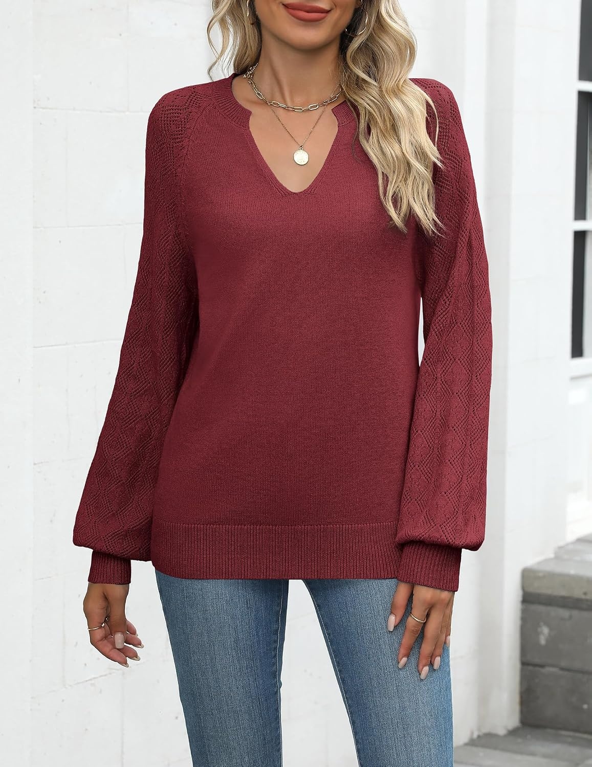 image:imageZeagoo Womens 2026 Fall Sweaters Casual Long Sleeve V Neck Loose Lightweight Crochet Knit Pullover Sweater TopsWine Red