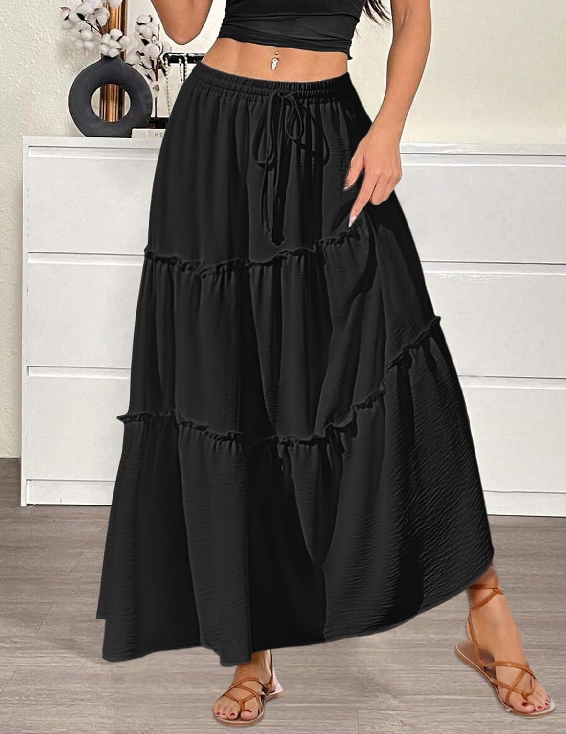 image:imageZeagoo Womens Casual Maxi Skirts for Women 2026 High Waist Boho Skirts Floral Printed Long Flowy Skirt with PocketsBlack