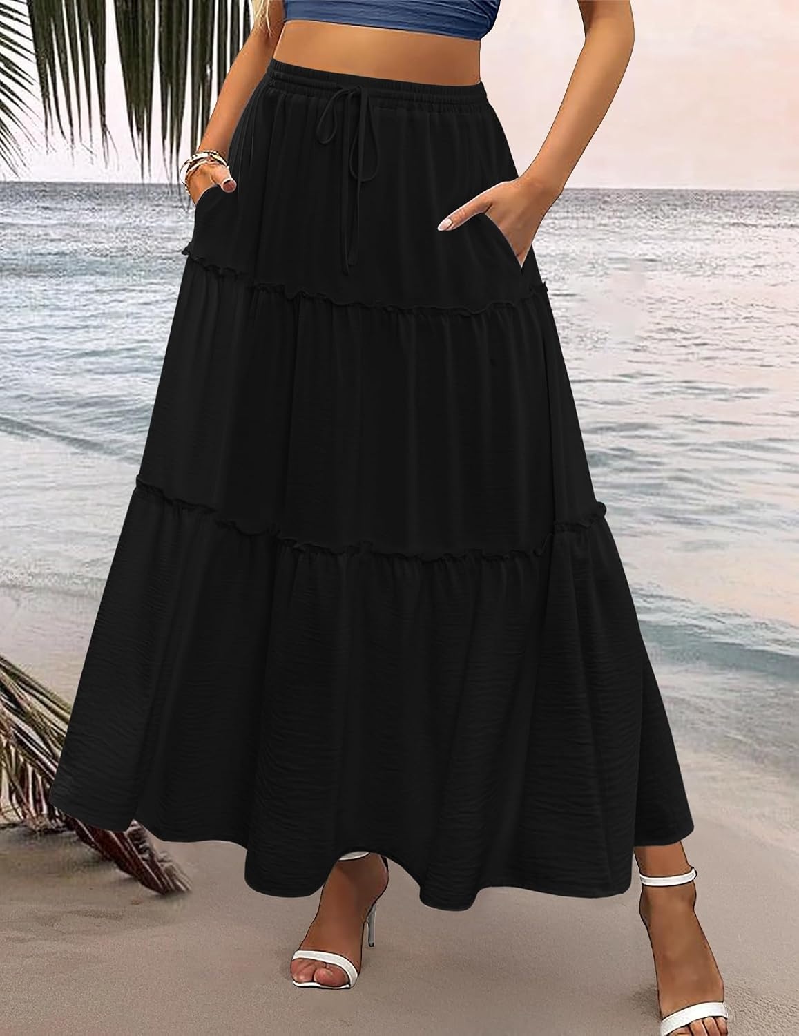 image:imageZeagoo Womens Casual Maxi Skirts for Women 2026 High Waist Boho Skirts Floral Printed Long Flowy Skirt with PocketsBlack