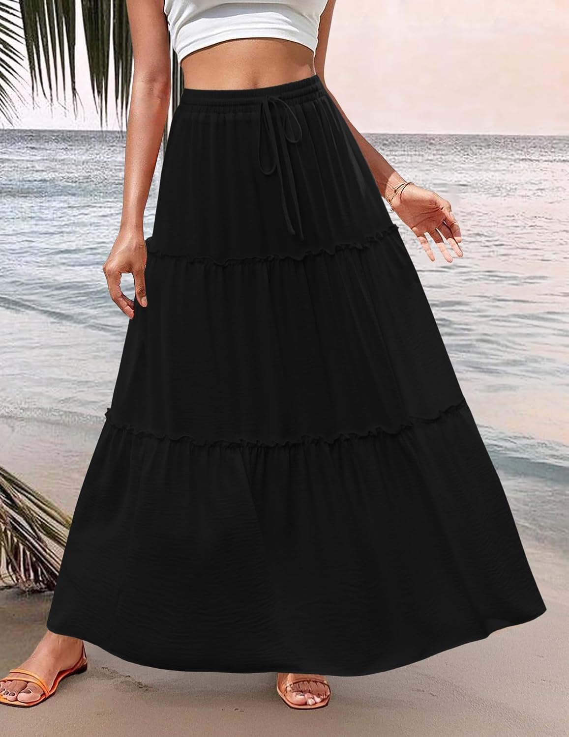 image:imageZeagoo Womens Casual Maxi Skirts for Women 2026 High Waist Boho Skirts Floral Printed Long Flowy Skirt with PocketsBlack