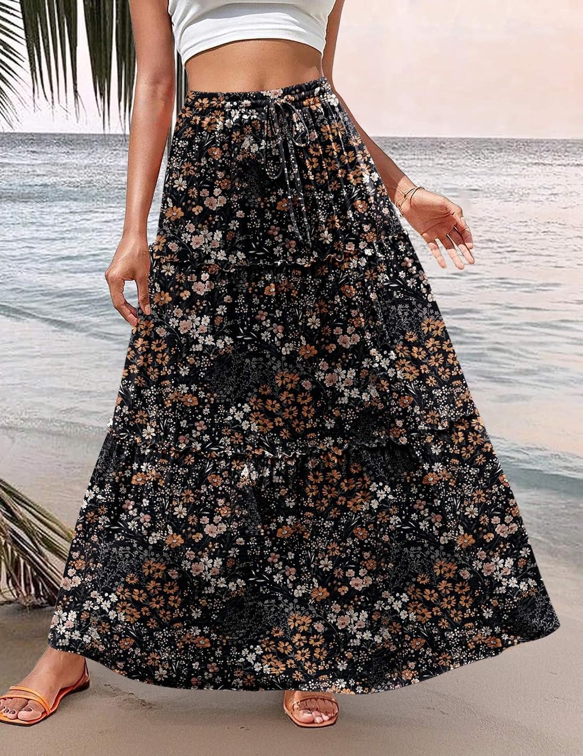 image:imageZeagoo Womens Casual Maxi Skirts for Women 2026 High Waist Boho Skirts Floral Printed Long Flowy Skirt with PocketsBlack Floralprinted