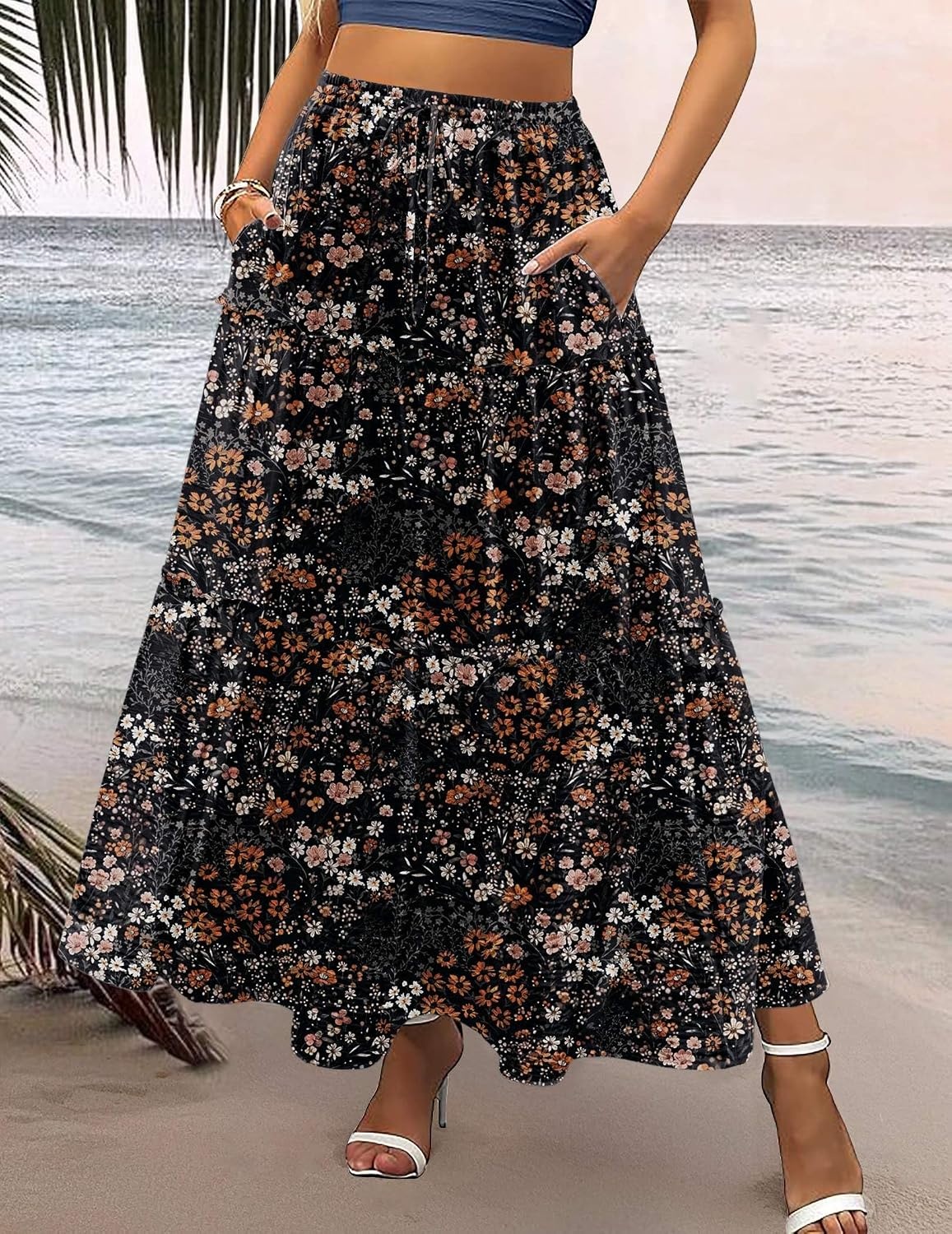 image:imageZeagoo Womens Casual Maxi Skirts for Women 2026 High Waist Boho Skirts Floral Printed Long Flowy Skirt with PocketsBlack Floralprinted