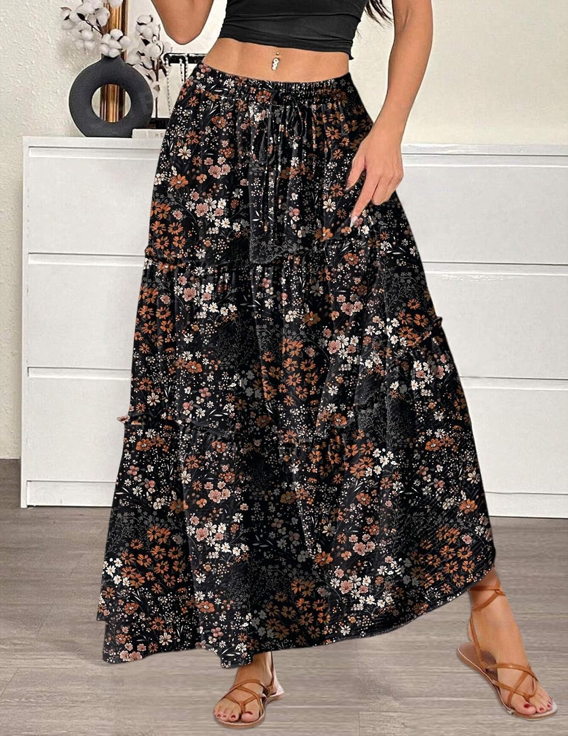 image:imageZeagoo Womens Casual Maxi Skirts for Women 2026 High Waist Boho Skirts Floral Printed Long Flowy Skirt with PocketsBlack Floralprinted