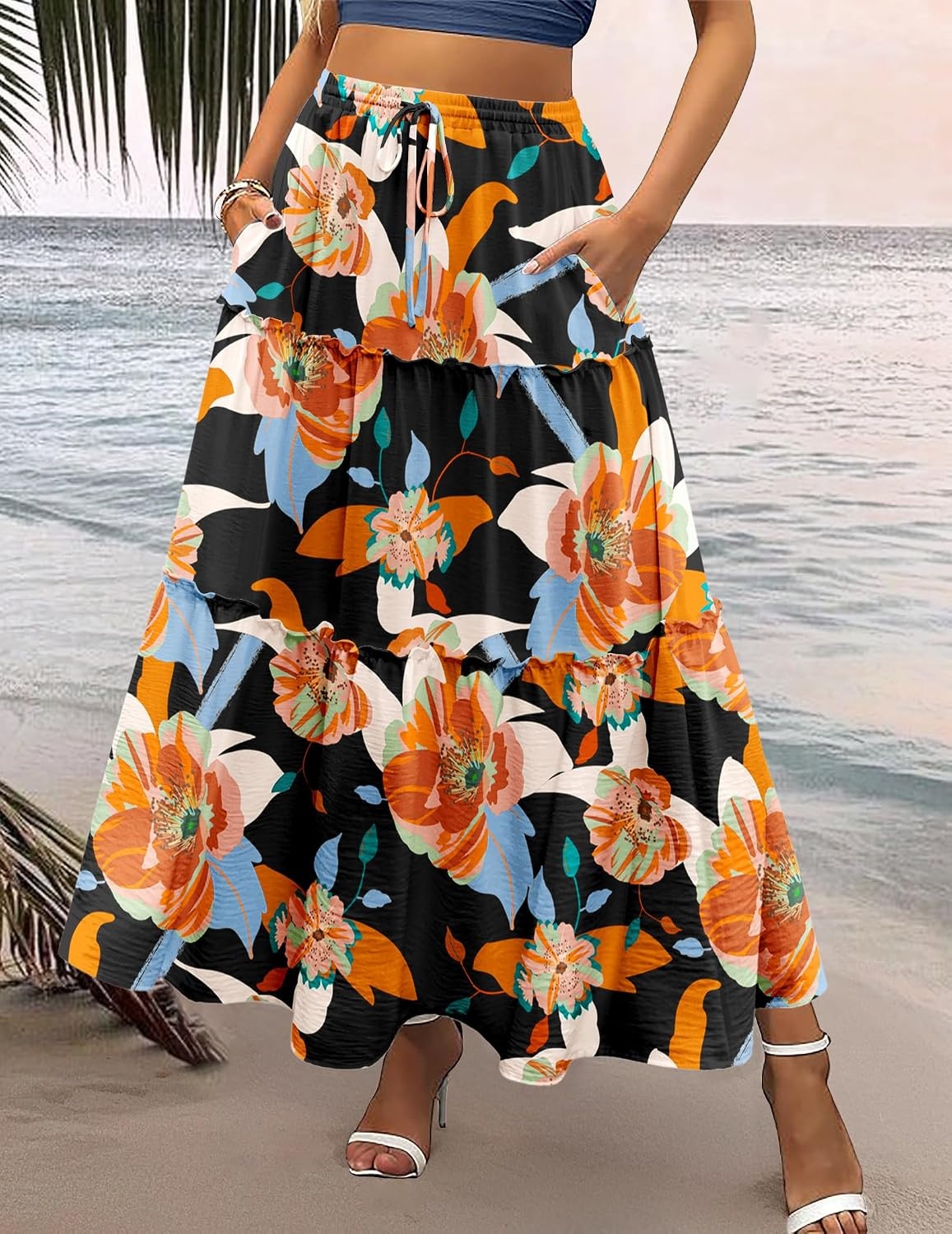 image:imageZeagoo Womens Casual Maxi Skirts for Women 2026 High Waist Boho Skirts Floral Printed Long Flowy Skirt with PocketsBlackfloralprinted
