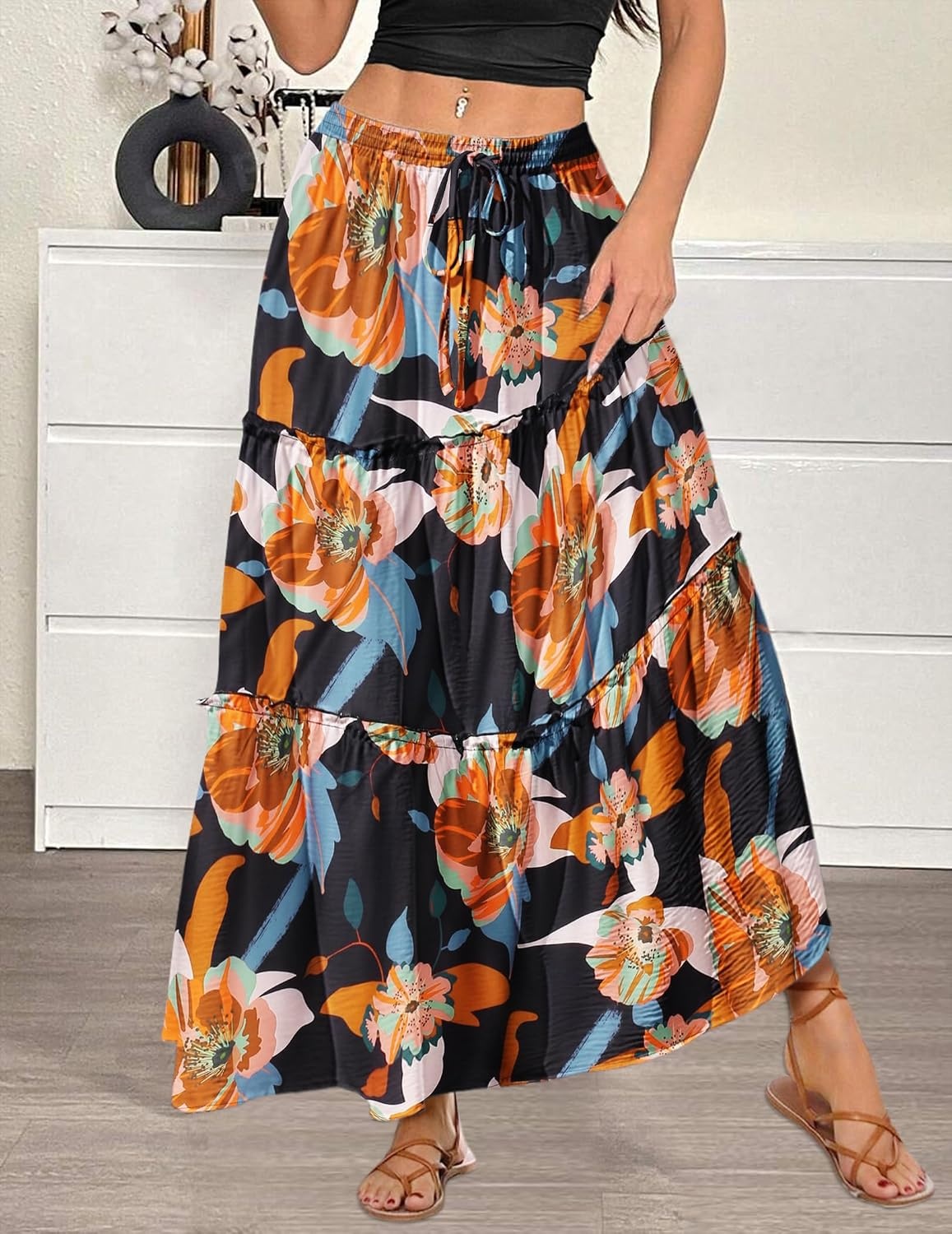 image:imageZeagoo Womens Casual Maxi Skirts for Women 2026 High Waist Boho Skirts Floral Printed Long Flowy Skirt with PocketsBlackfloralprinted
