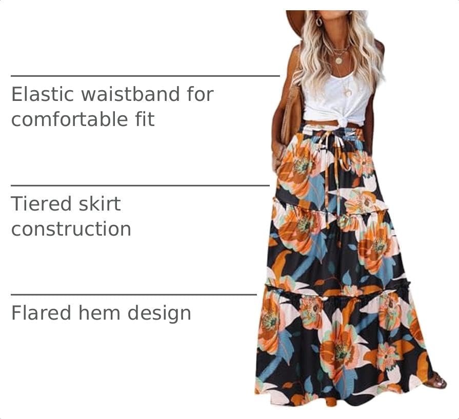 image:imageZeagoo Womens Casual Maxi Skirts for Women 2026 High Waist Boho Skirts Floral Printed Long Flowy Skirt with PocketsBlackfloralprinted