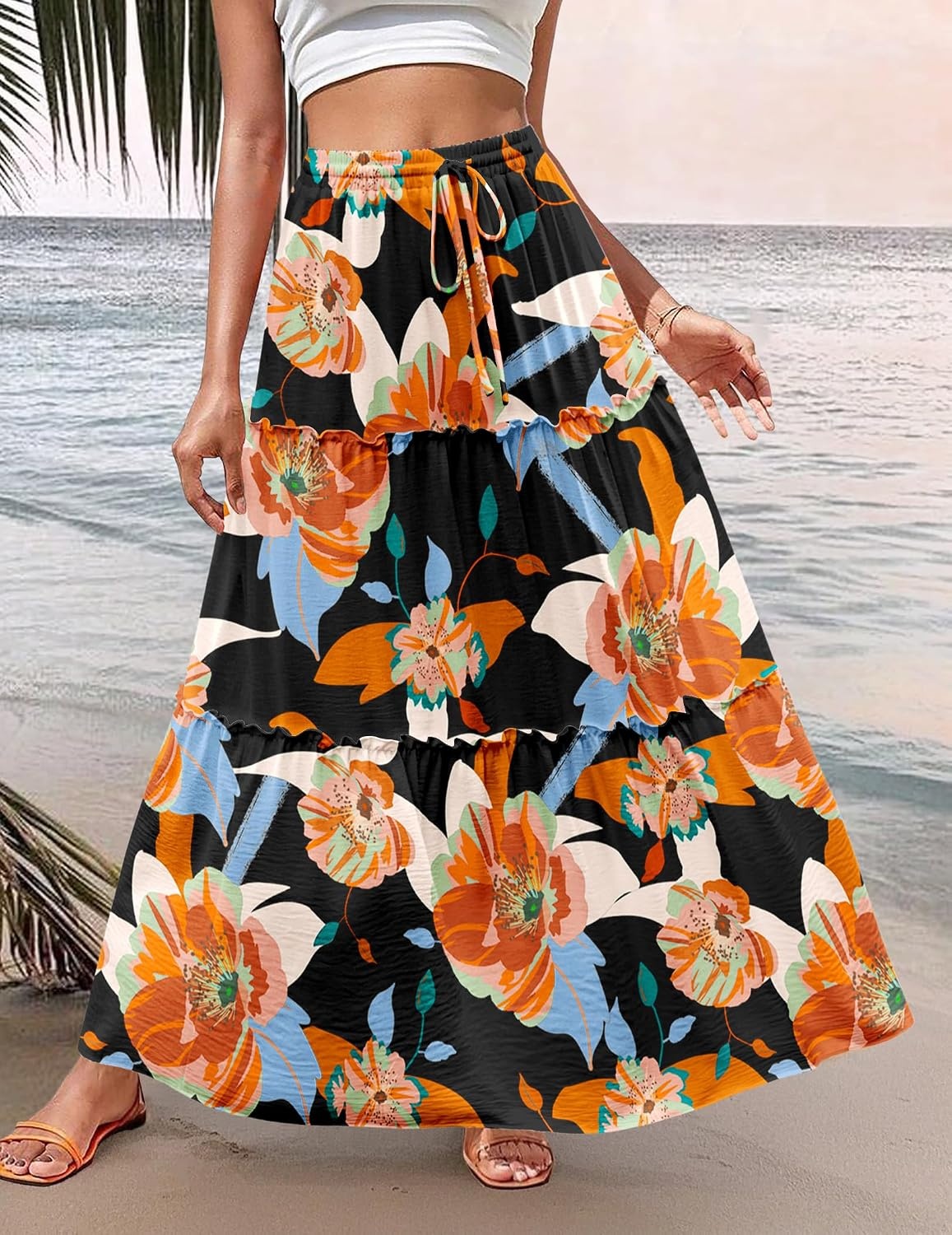 image:imageZeagoo Womens Casual Maxi Skirts for Women 2026 High Waist Boho Skirts Floral Printed Long Flowy Skirt with PocketsBlackfloralprinted