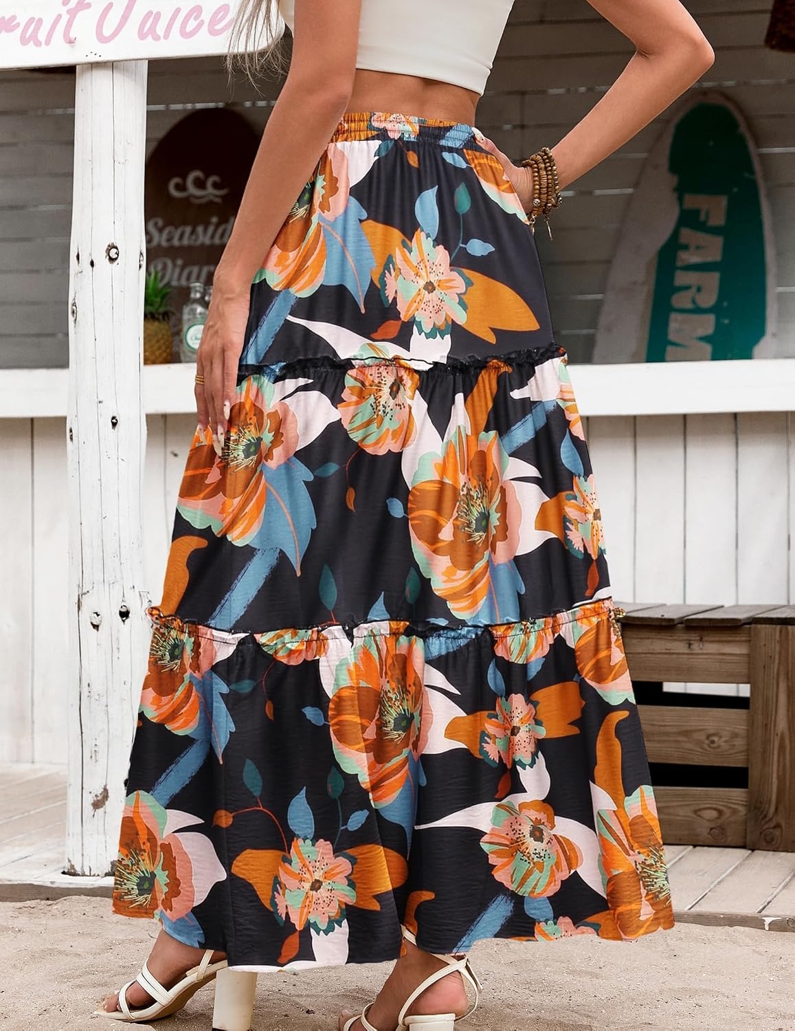 image:imageZeagoo Womens Casual Maxi Skirts for Women 2026 High Waist Boho Skirts Floral Printed Long Flowy Skirt with PocketsBlackfloralprinted