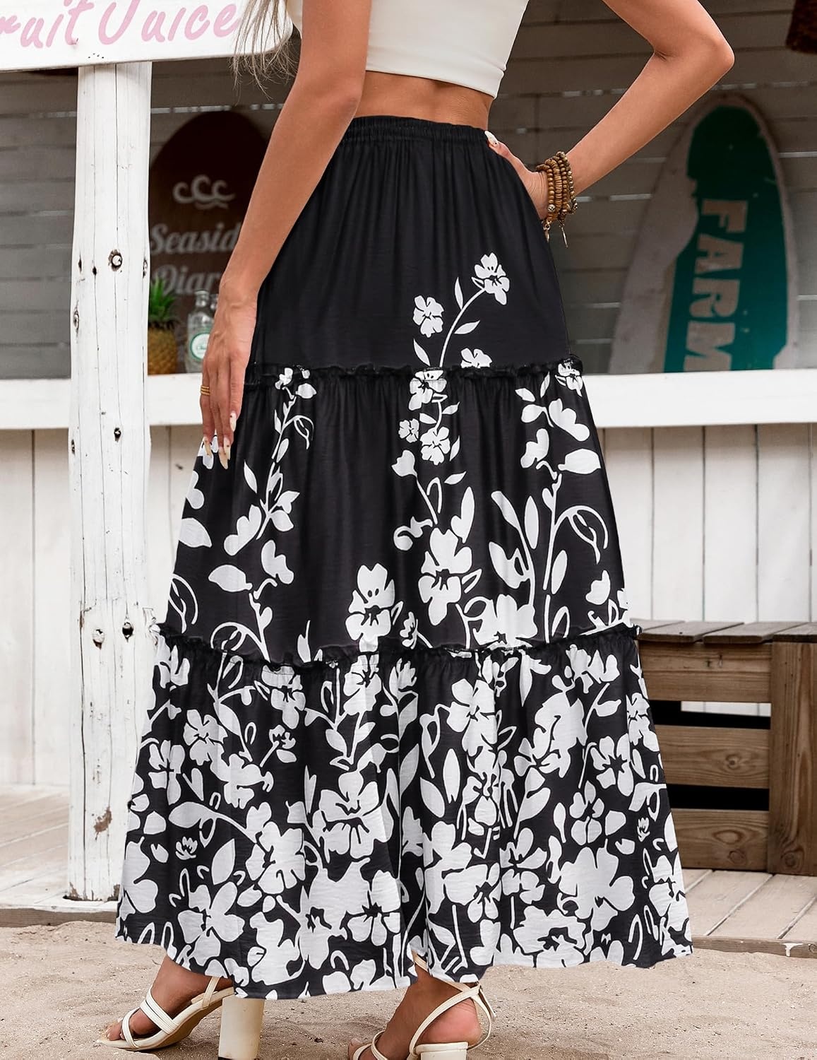 image:imageZeagoo Womens Casual Maxi Skirts for Women 2026 High Waist Boho Skirts Floral Printed Long Flowy Skirt with PocketsBlckprinted