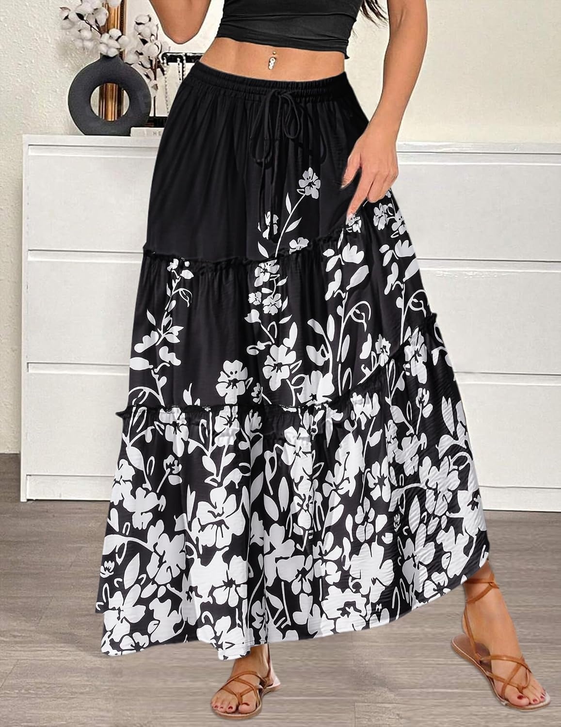 image:imageZeagoo Womens Casual Maxi Skirts for Women 2026 High Waist Boho Skirts Floral Printed Long Flowy Skirt with PocketsBlckprinted
