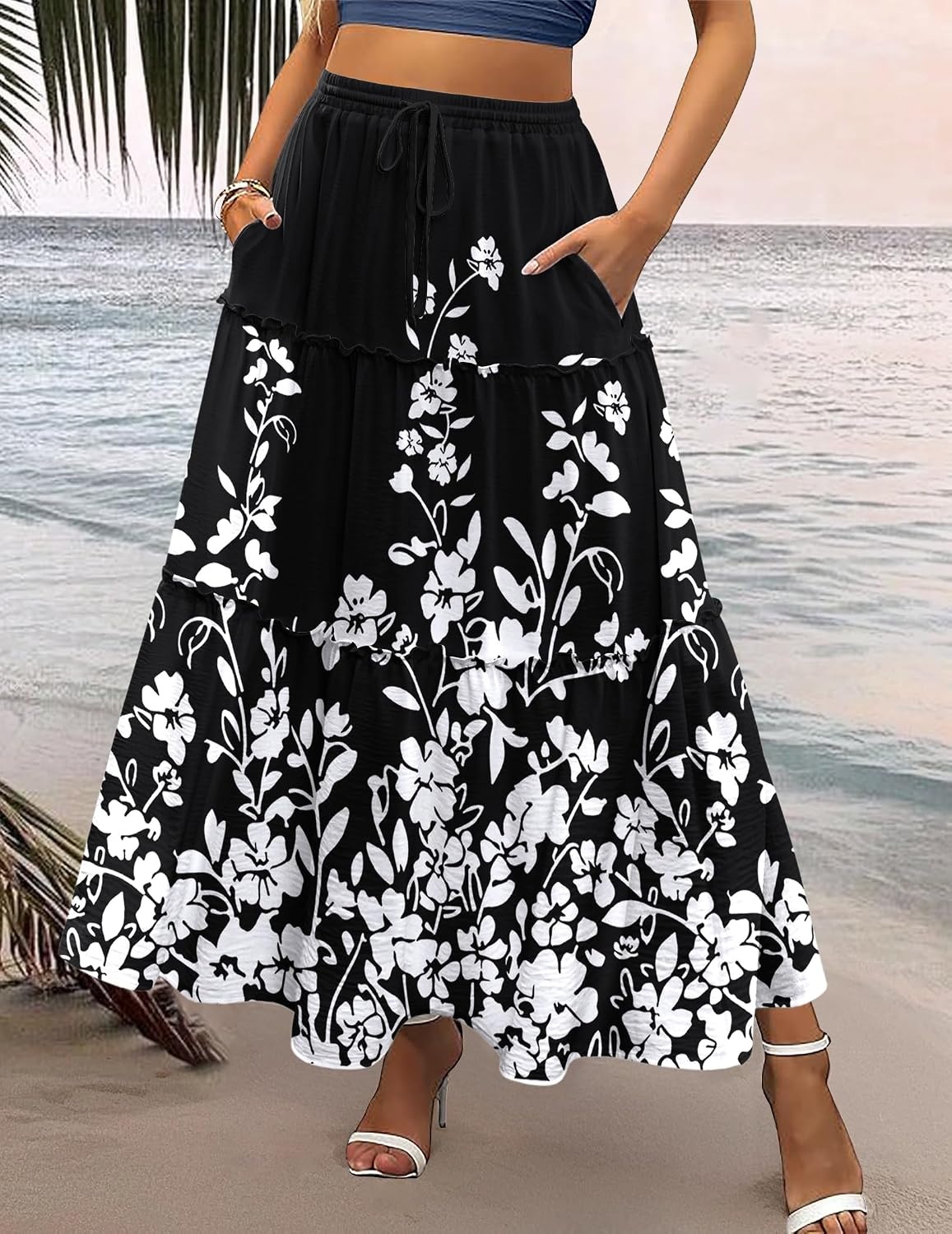 image:imageZeagoo Womens Casual Maxi Skirts for Women 2026 High Waist Boho Skirts Floral Printed Long Flowy Skirt with PocketsBlckprinted