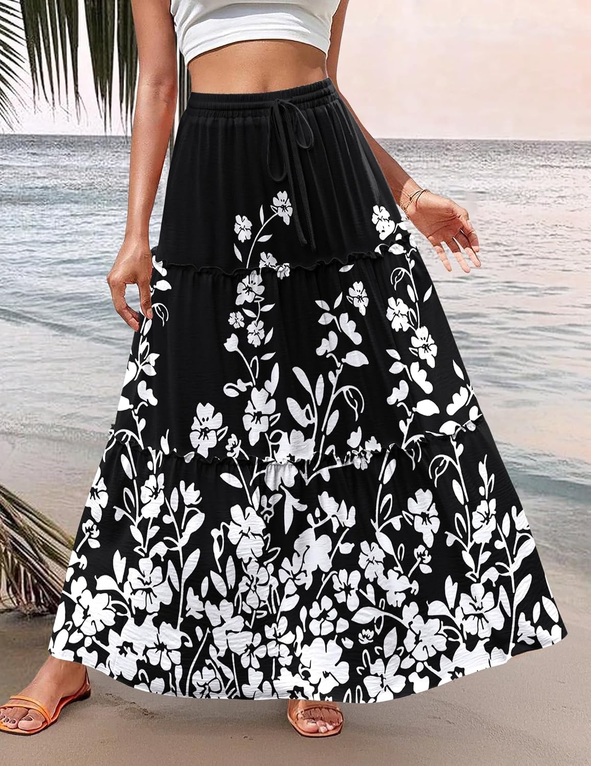 image:imageZeagoo Womens Casual Maxi Skirts for Women 2026 High Waist Boho Skirts Floral Printed Long Flowy Skirt with PocketsBlckprinted