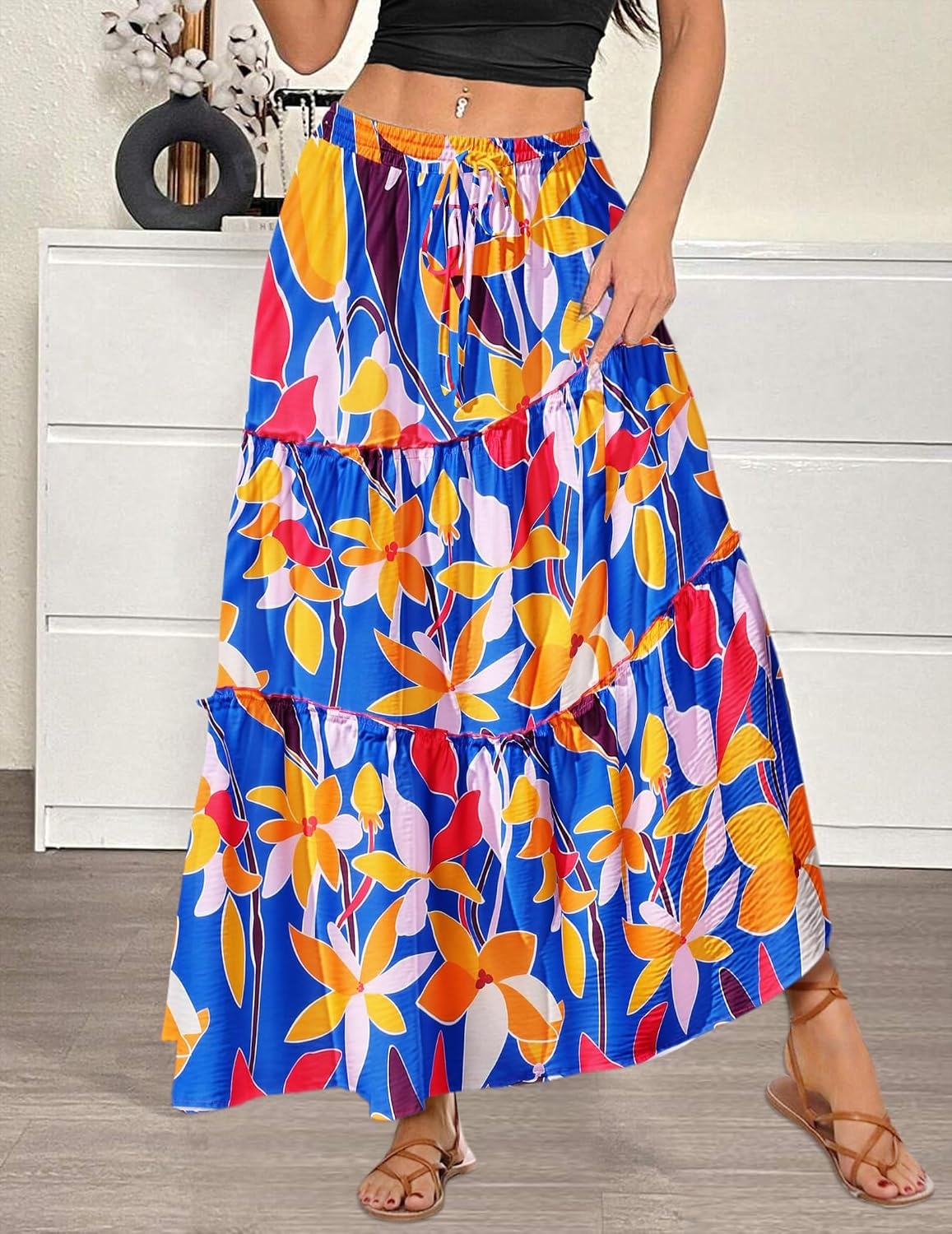 image:imageZeagoo Womens Casual Maxi Skirts for Women 2026 High Waist Boho Skirts Floral Printed Long Flowy Skirt with PocketsBlue Floral