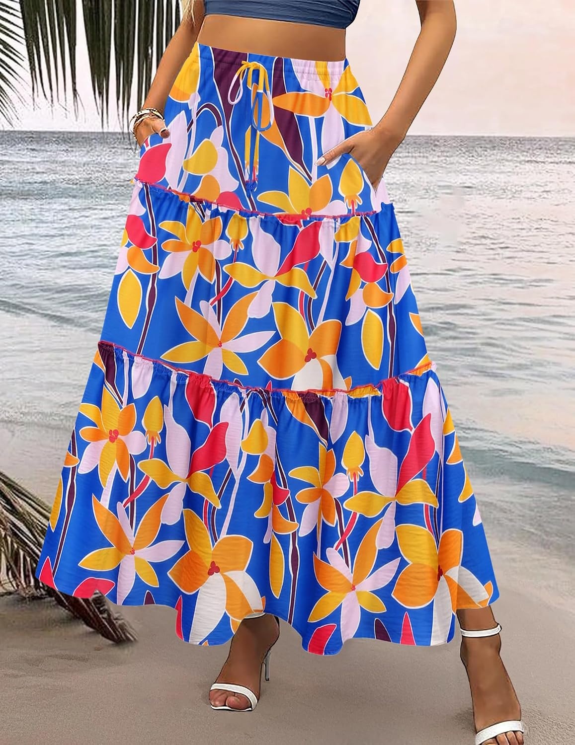 image:imageZeagoo Womens Casual Maxi Skirts for Women 2026 High Waist Boho Skirts Floral Printed Long Flowy Skirt with PocketsBlue Floral