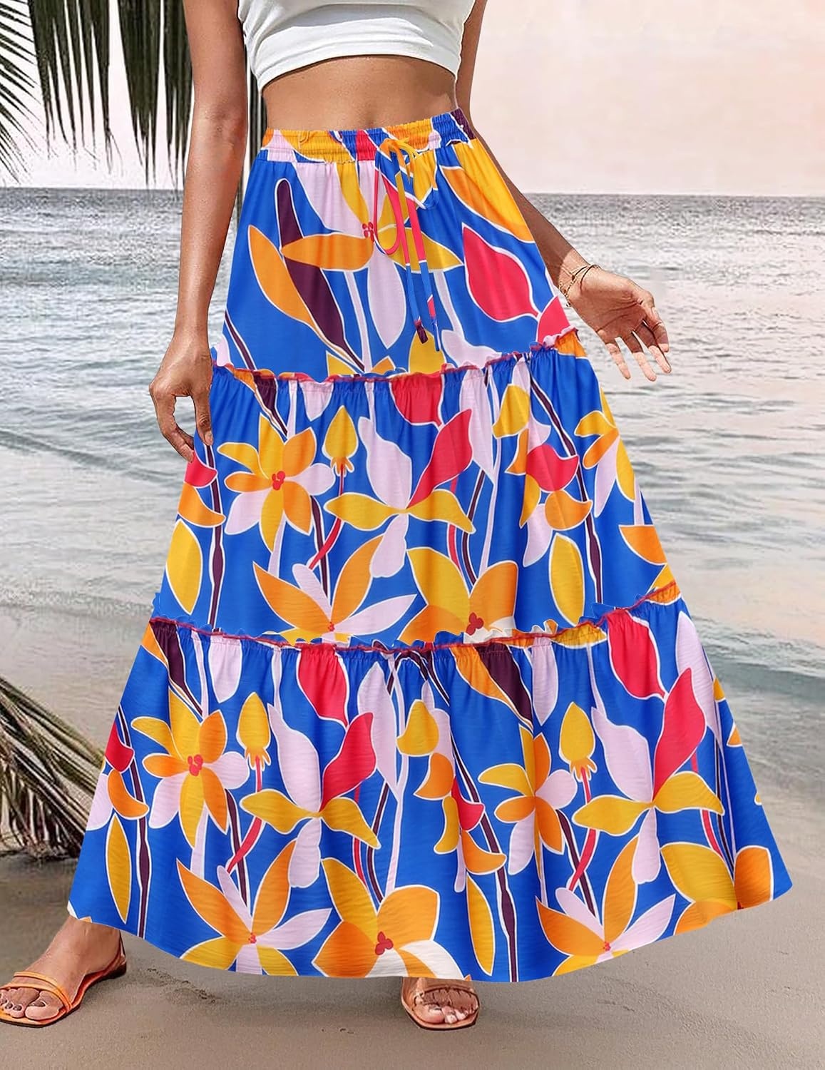 image:imageZeagoo Womens Casual Maxi Skirts for Women 2026 High Waist Boho Skirts Floral Printed Long Flowy Skirt with PocketsBlue Floral
