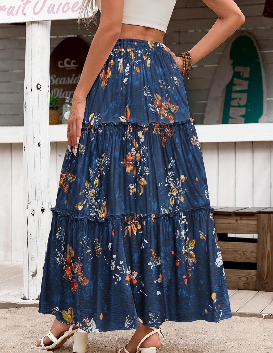 image:imageZeagoo Womens Casual Maxi Skirts for Women 2026 High Waist Boho Skirts Floral Printed Long Flowy Skirt with PocketsBlue Floral Printed