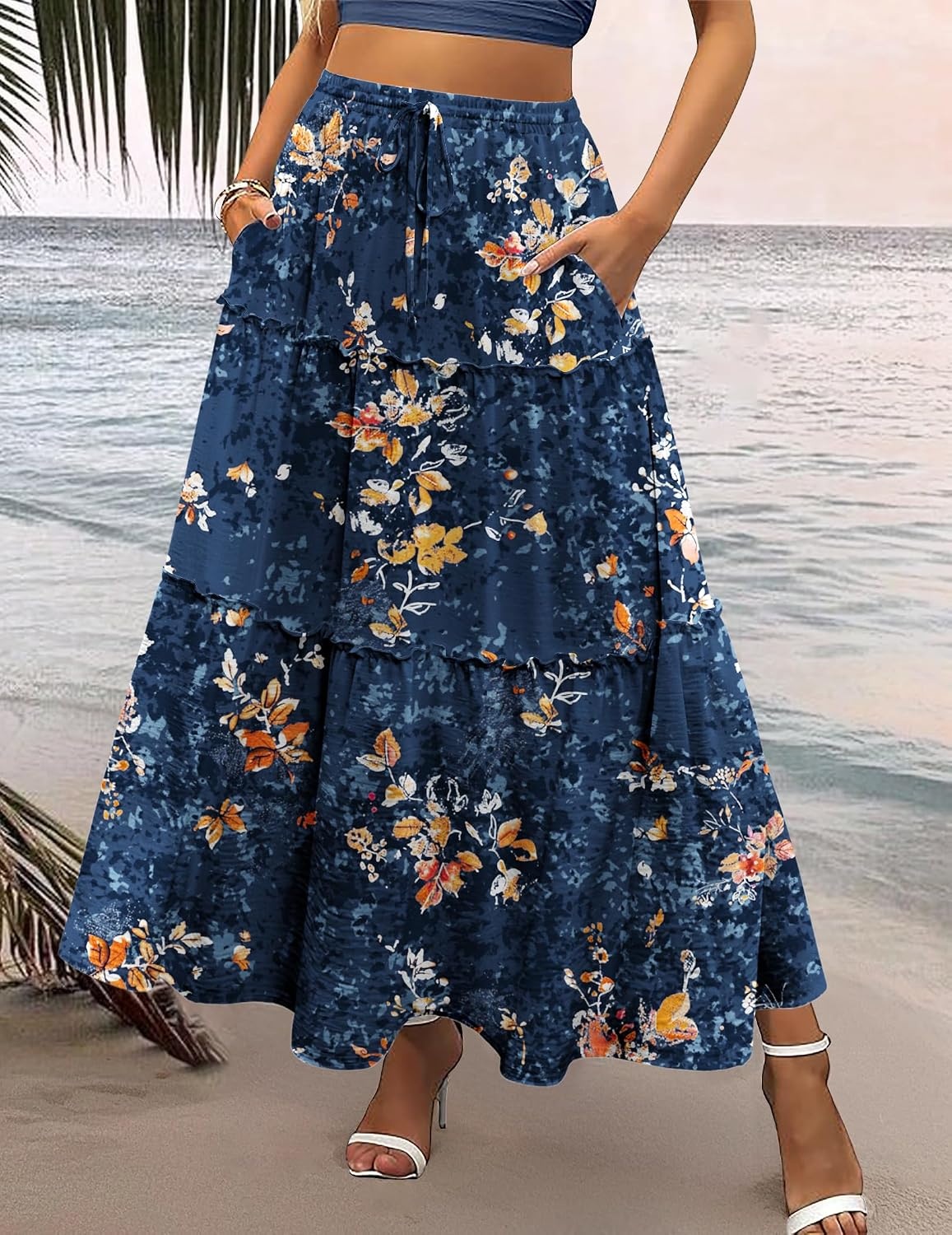 image:imageZeagoo Womens Casual Maxi Skirts for Women 2026 High Waist Boho Skirts Floral Printed Long Flowy Skirt with PocketsBlue Floral Printed