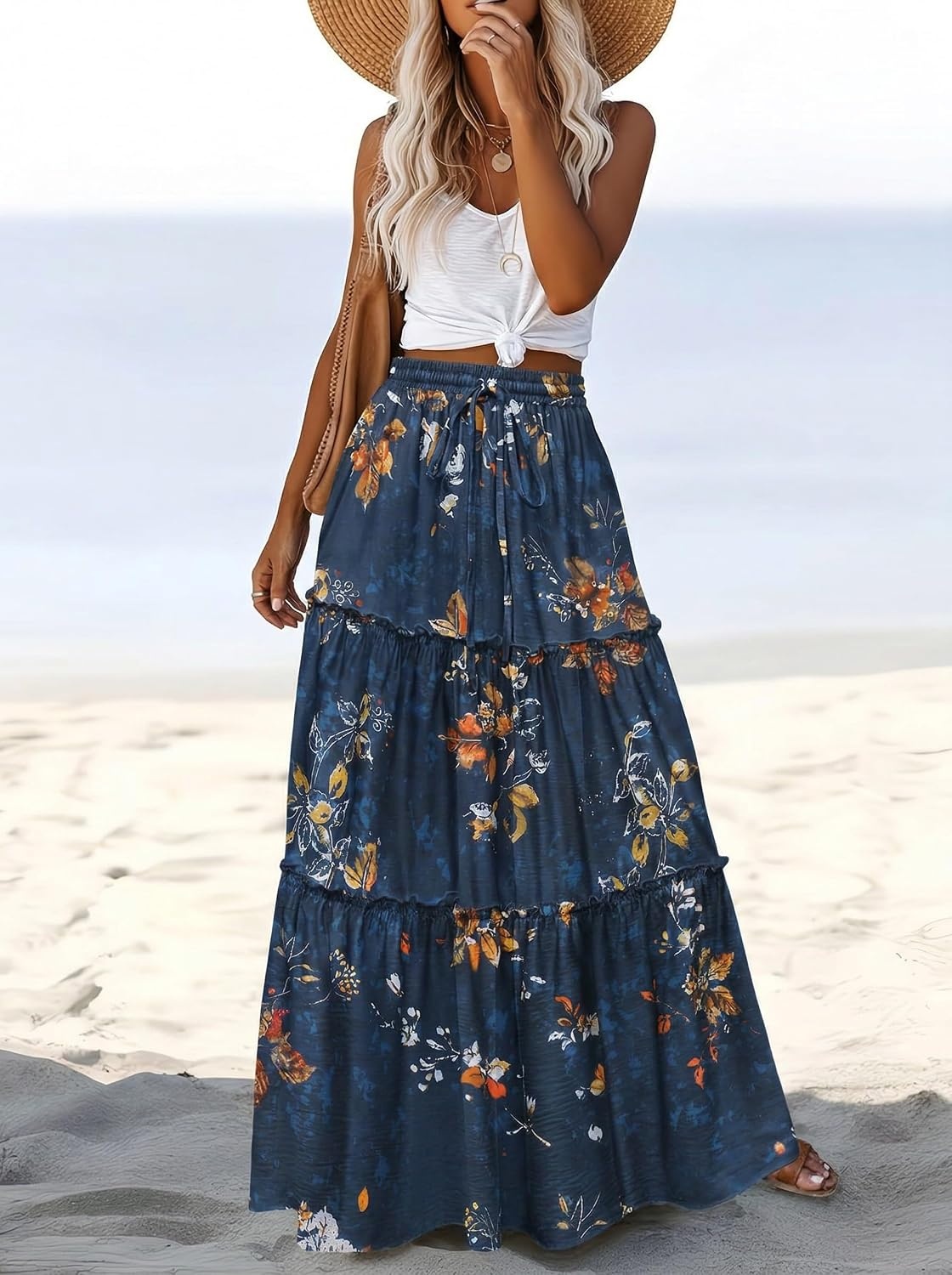 image:imageZeagoo Womens Casual Maxi Skirts for Women 2026 High Waist Boho Skirts Floral Printed Long Flowy Skirt with PocketsBlue Floral Printed