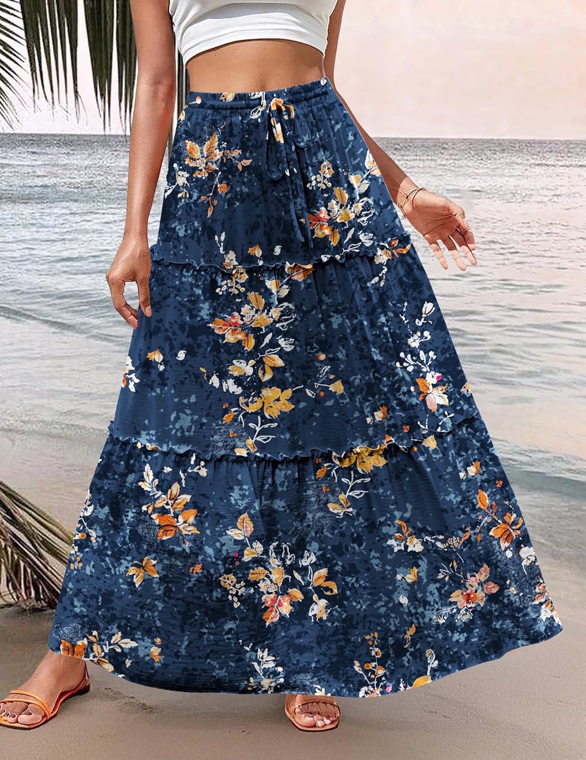 image:imageZeagoo Womens Casual Maxi Skirts for Women 2026 High Waist Boho Skirts Floral Printed Long Flowy Skirt with PocketsBlue Floral Printed