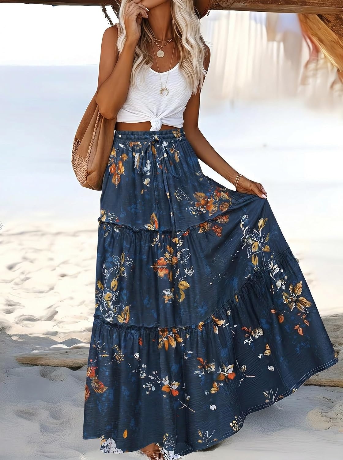 image:imageZeagoo Womens Casual Maxi Skirts for Women 2026 High Waist Boho Skirts Floral Printed Long Flowy Skirt with PocketsBlue Floral Printed