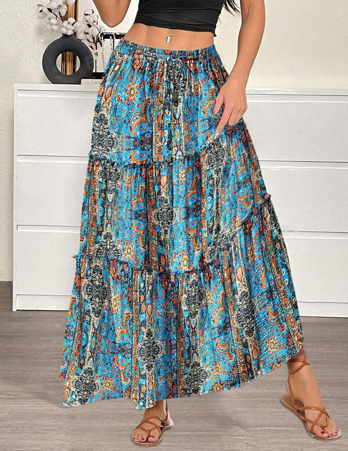 image:imageZeagoo Womens Casual Maxi Skirts for Women 2026 High Waist Boho Skirts Floral Printed Long Flowy Skirt with PocketsBohoprinted02