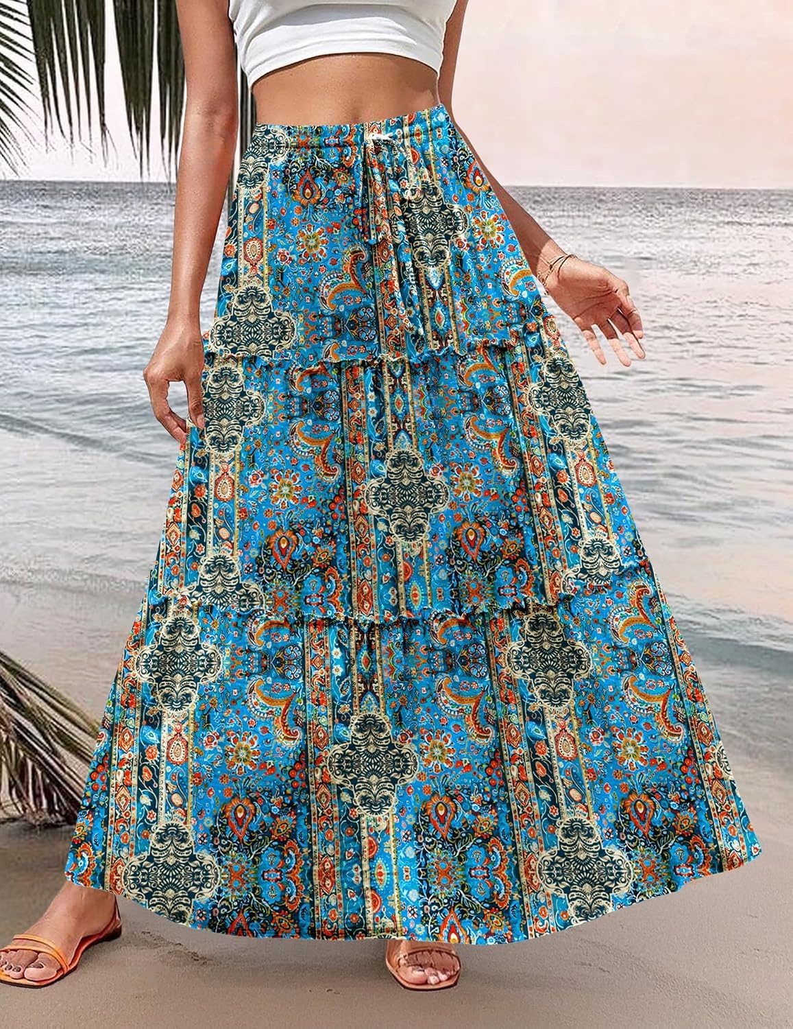 image:imageZeagoo Womens Casual Maxi Skirts for Women 2026 High Waist Boho Skirts Floral Printed Long Flowy Skirt with PocketsBohoprinted02