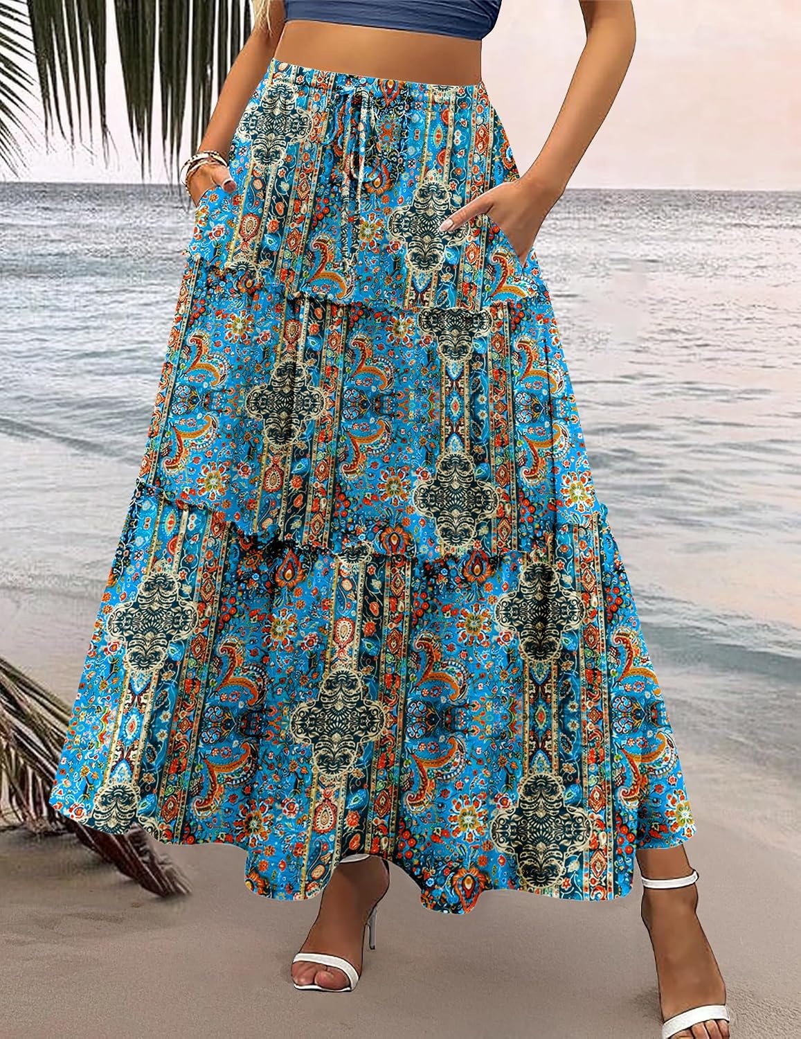 image:imageZeagoo Womens Casual Maxi Skirts for Women 2026 High Waist Boho Skirts Floral Printed Long Flowy Skirt with PocketsBohoprinted02