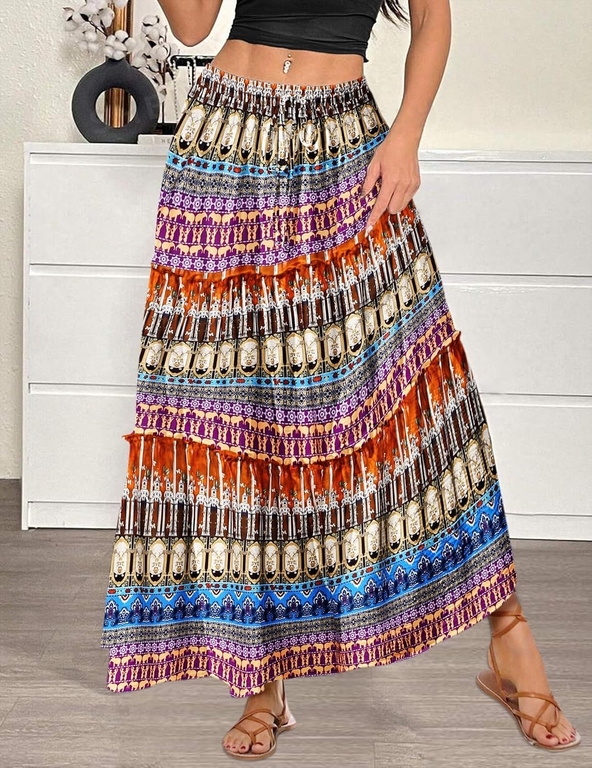 image:imageZeagoo Womens Casual Maxi Skirts for Women 2026 High Waist Boho Skirts Floral Printed Long Flowy Skirt with PocketsBohoprinted03