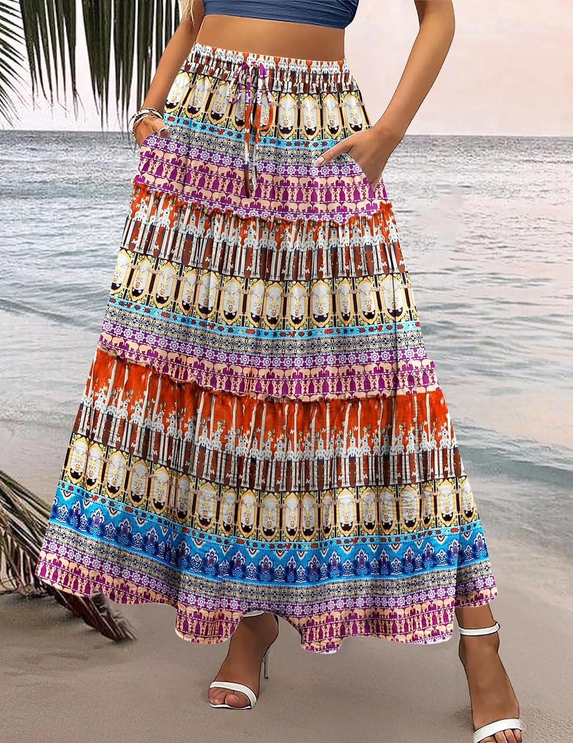 image:imageZeagoo Womens Casual Maxi Skirts for Women 2026 High Waist Boho Skirts Floral Printed Long Flowy Skirt with PocketsBohoprinted03
