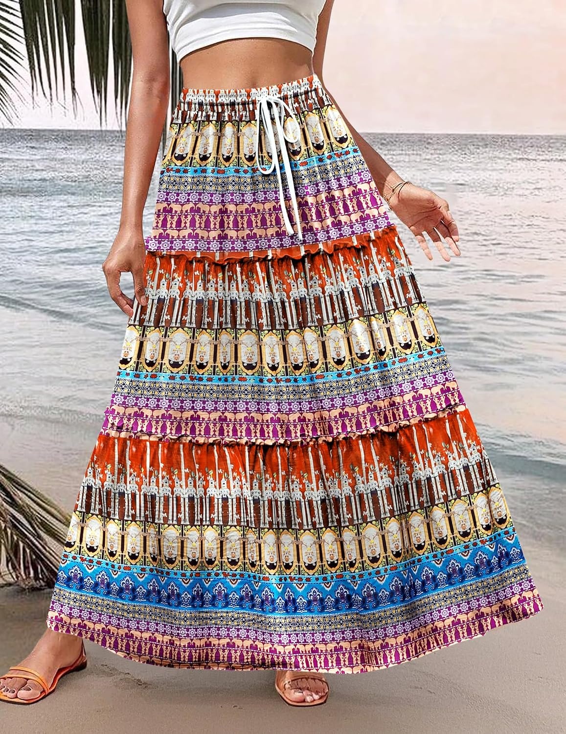 image:imageZeagoo Womens Casual Maxi Skirts for Women 2026 High Waist Boho Skirts Floral Printed Long Flowy Skirt with PocketsBohoprinted03