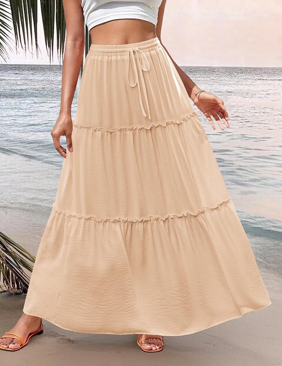 image:imageZeagoo Womens Casual Maxi Skirts for Women 2026 High Waist Boho Skirts Floral Printed Long Flowy Skirt with PocketsCracker Khaki