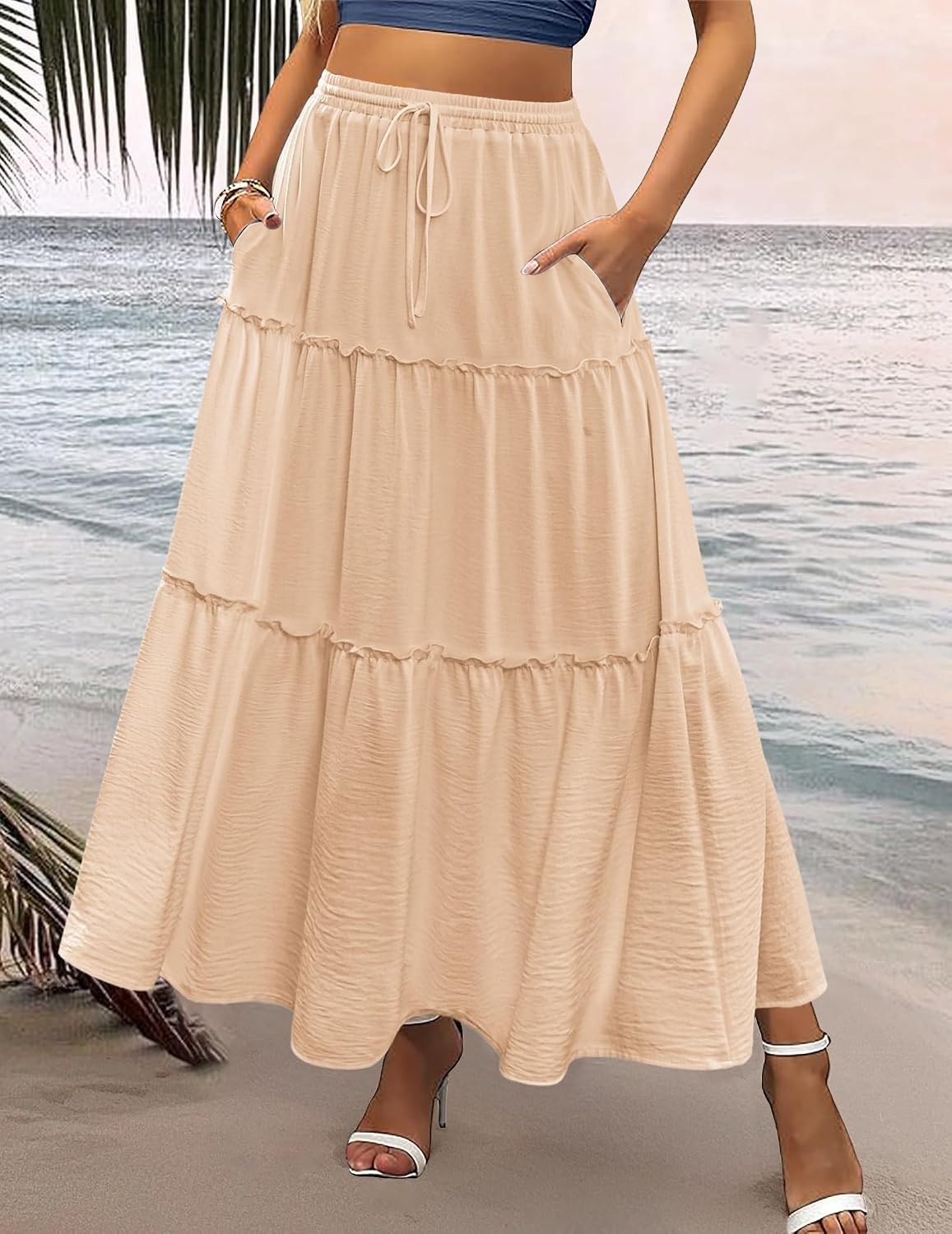 image:imageZeagoo Womens Casual Maxi Skirts for Women 2026 High Waist Boho Skirts Floral Printed Long Flowy Skirt with PocketsCracker Khaki