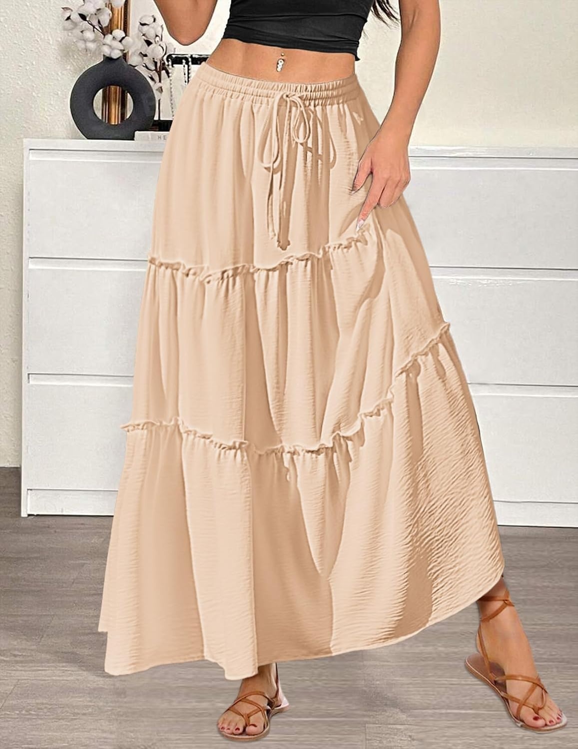 image:imageZeagoo Womens Casual Maxi Skirts for Women 2026 High Waist Boho Skirts Floral Printed Long Flowy Skirt with PocketsCracker Khaki