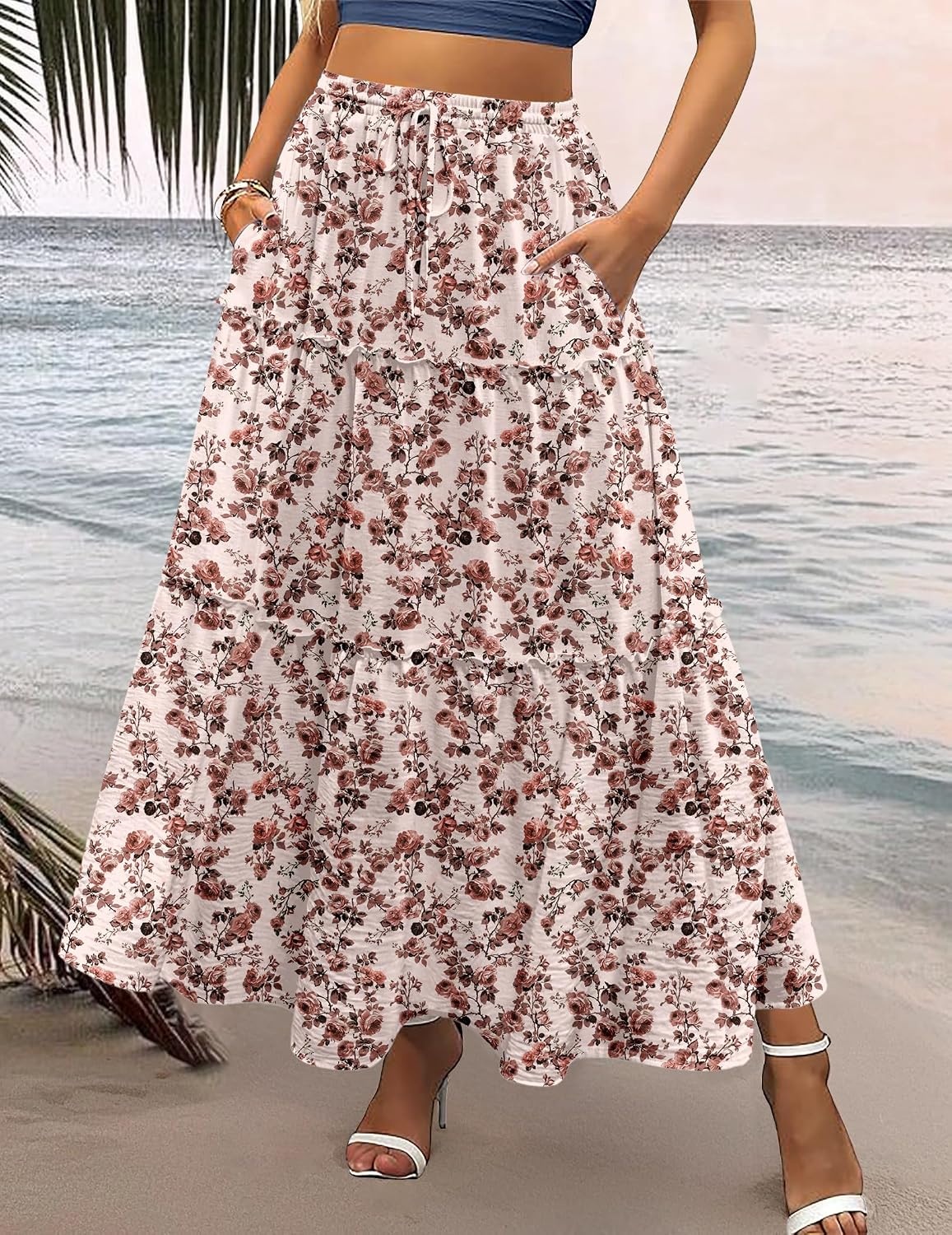 image:imageZeagoo Womens Casual Maxi Skirts for Women 2026 High Waist Boho Skirts Floral Printed Long Flowy Skirt with PocketsFloralprinted02