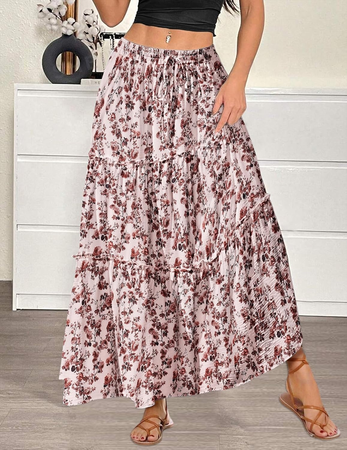 image:imageZeagoo Womens Casual Maxi Skirts for Women 2026 High Waist Boho Skirts Floral Printed Long Flowy Skirt with PocketsFloralprinted02