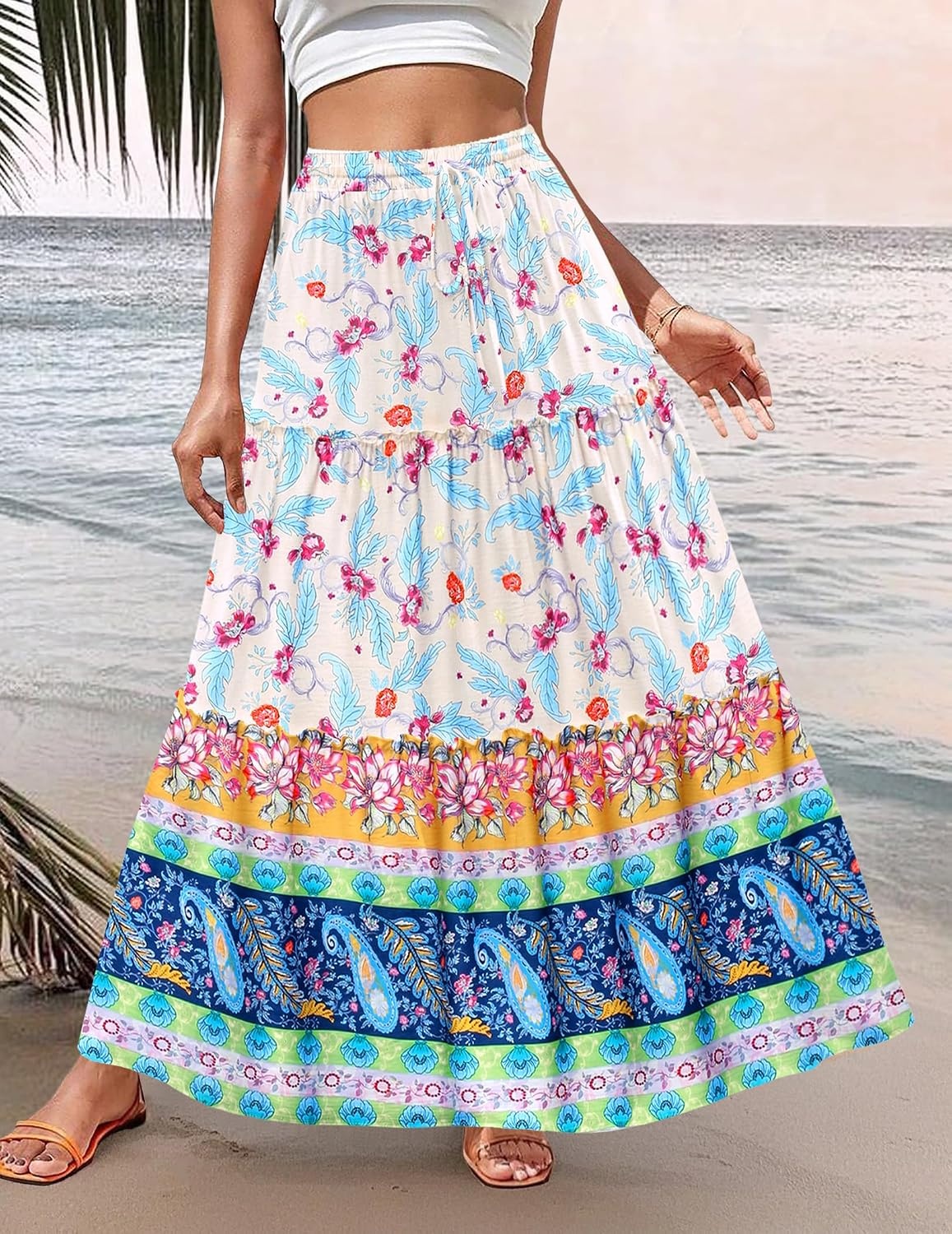 image:imageZeagoo Womens Casual Maxi Skirts for Women 2026 High Waist Boho Skirts Floral Printed Long Flowy Skirt with PocketsFloralprinted03