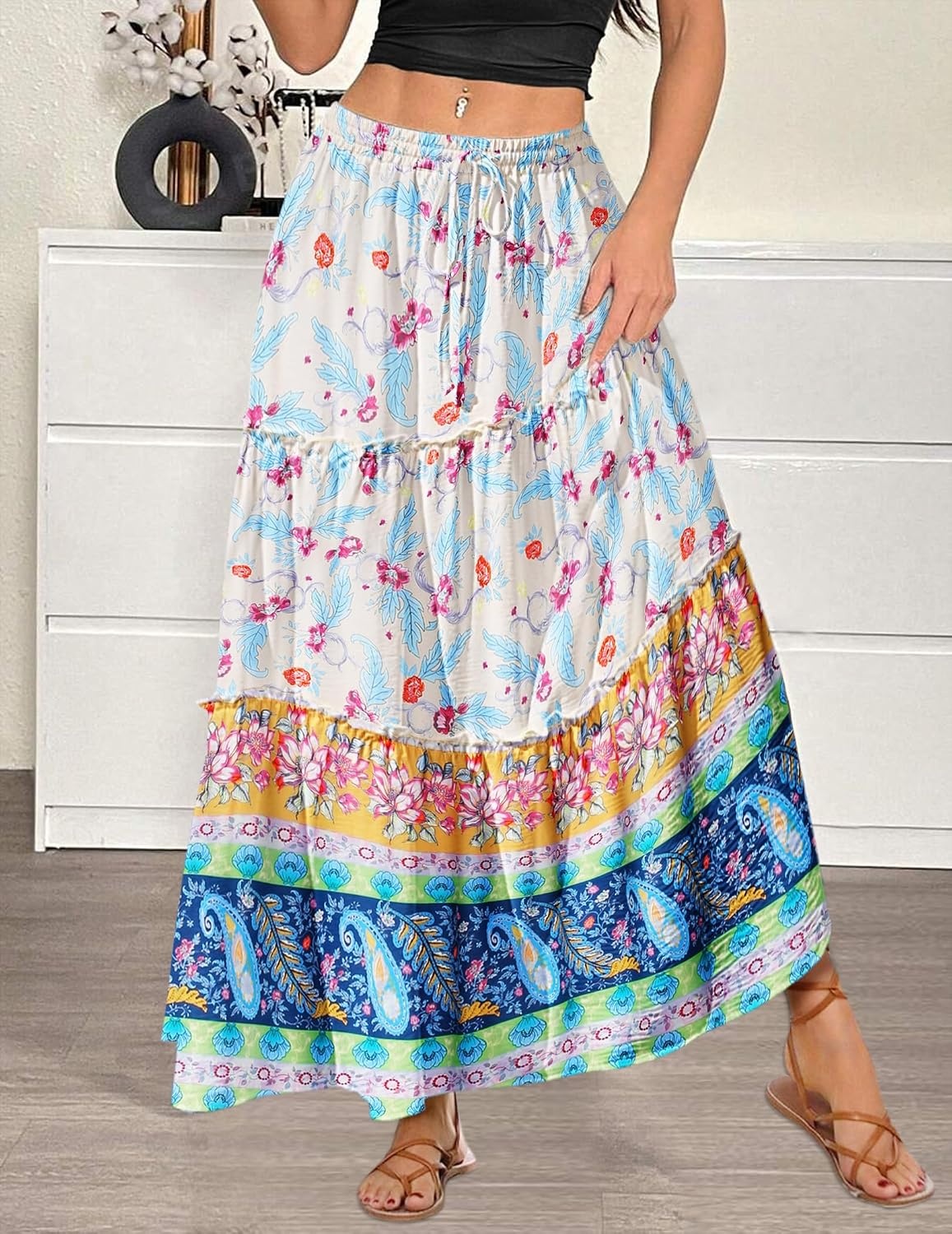 image:imageZeagoo Womens Casual Maxi Skirts for Women 2026 High Waist Boho Skirts Floral Printed Long Flowy Skirt with PocketsFloralprinted03