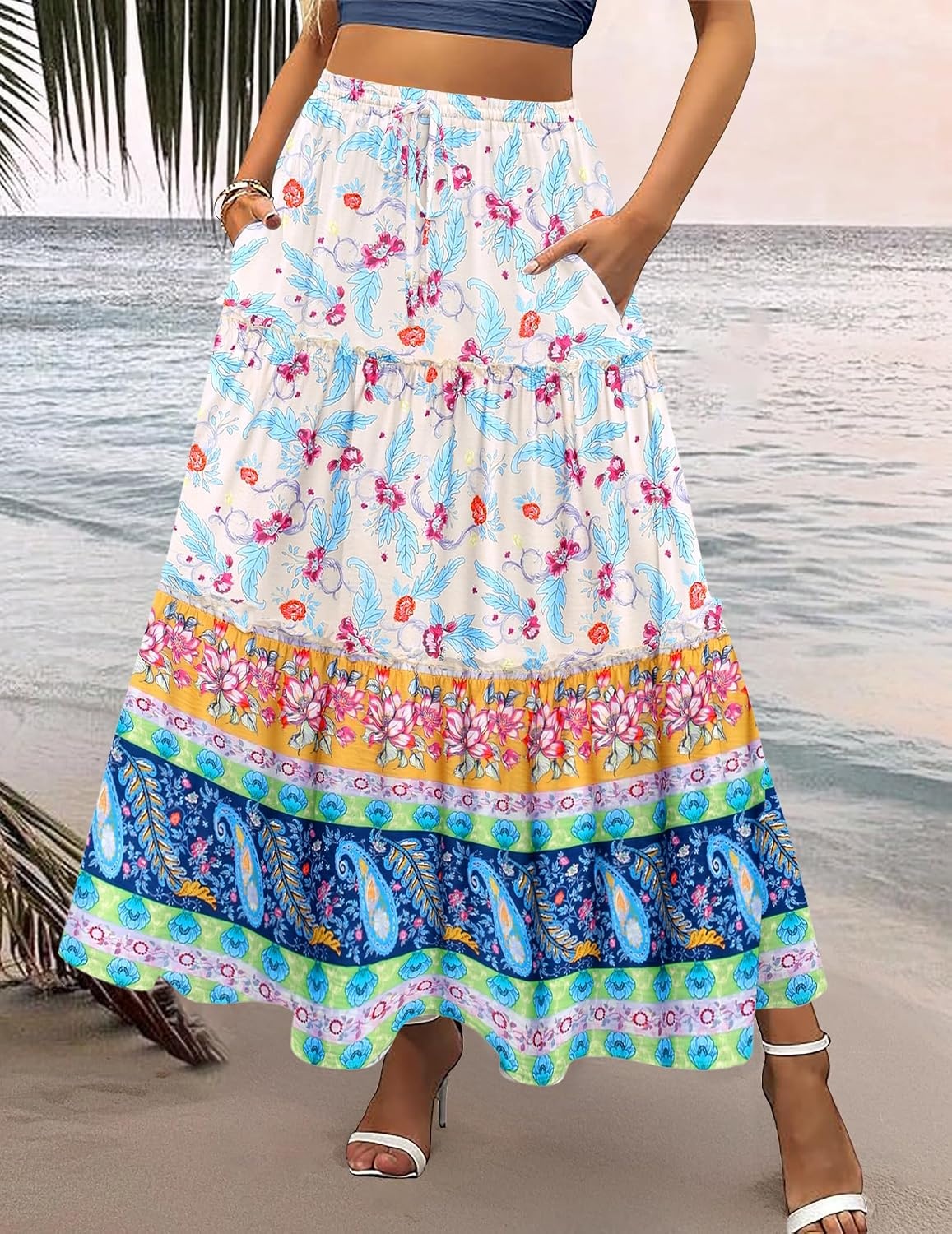 image:imageZeagoo Womens Casual Maxi Skirts for Women 2026 High Waist Boho Skirts Floral Printed Long Flowy Skirt with PocketsFloralprinted03