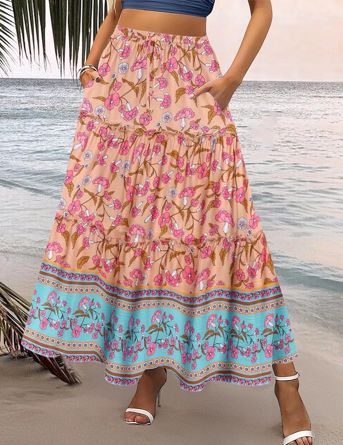 image:imageZeagoo Womens Casual Maxi Skirts for Women 2026 High Waist Boho Skirts Floral Printed Long Flowy Skirt with PocketsFloralprinted05