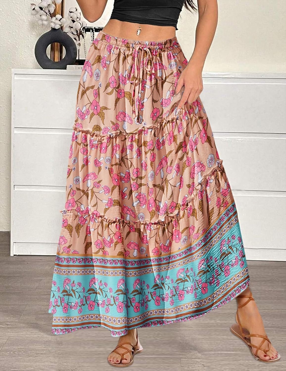 image:imageZeagoo Womens Casual Maxi Skirts for Women 2026 High Waist Boho Skirts Floral Printed Long Flowy Skirt with PocketsFloralprinted05