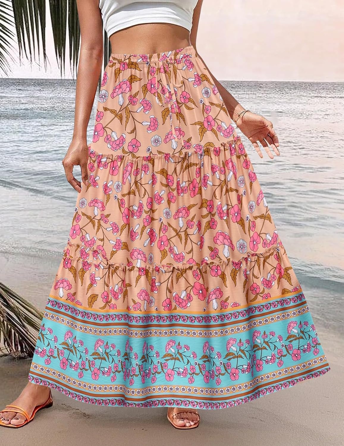 image:imageZeagoo Womens Casual Maxi Skirts for Women 2026 High Waist Boho Skirts Floral Printed Long Flowy Skirt with PocketsFloralprinted05