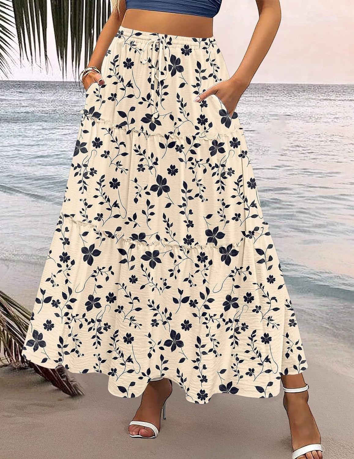 image:imageZeagoo Womens Casual Maxi Skirts for Women 2026 High Waist Boho Skirts Floral Printed Long Flowy Skirt with PocketsFloralprinted2